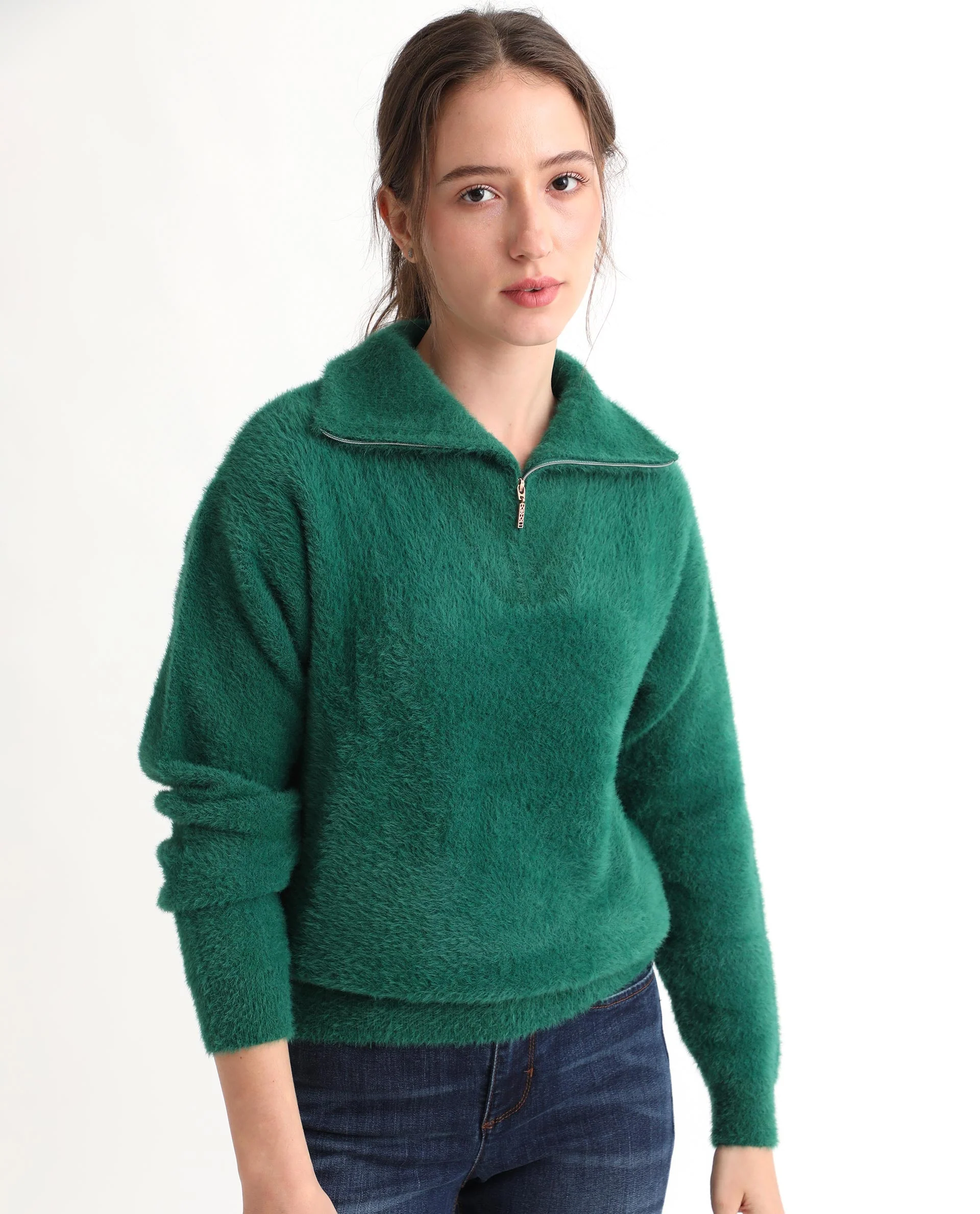 Rareism Women's Asser Green Nylon Drop Collar Plain Relaxed Fit Sweater - Image 11