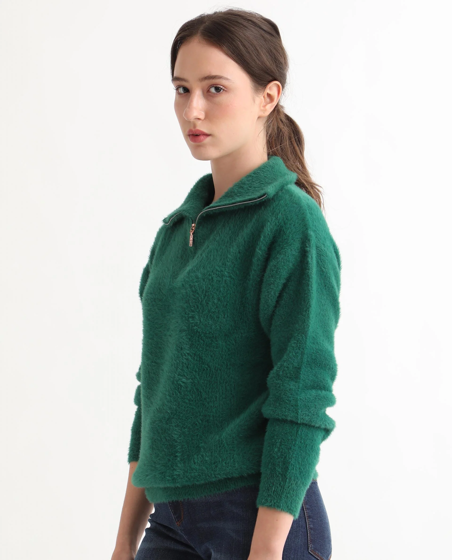 Rareism Women's Asser Green Nylon Drop Collar Plain Relaxed Fit Sweater - Image 13