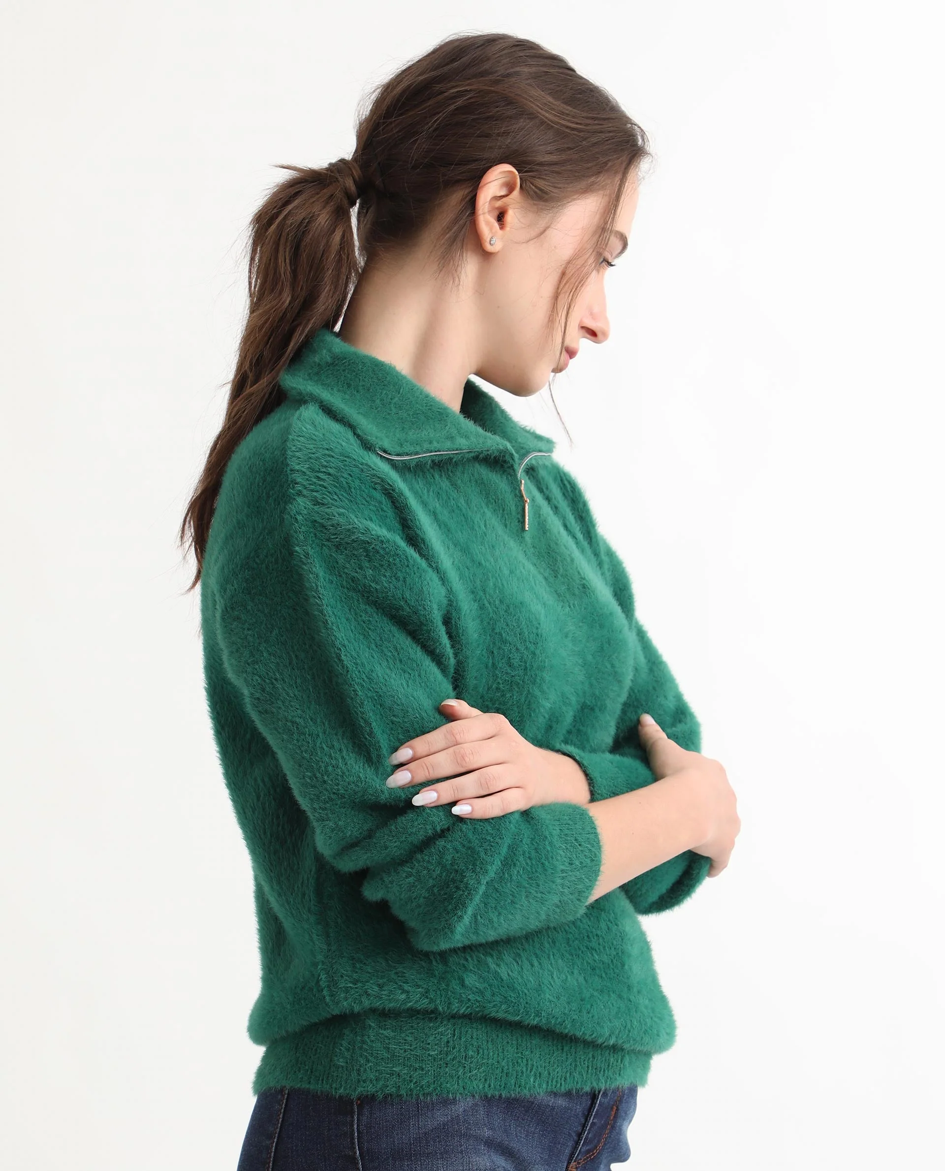 Rareism Women's Asser Green Nylon Drop Collar Plain Relaxed Fit Sweater - Image 14