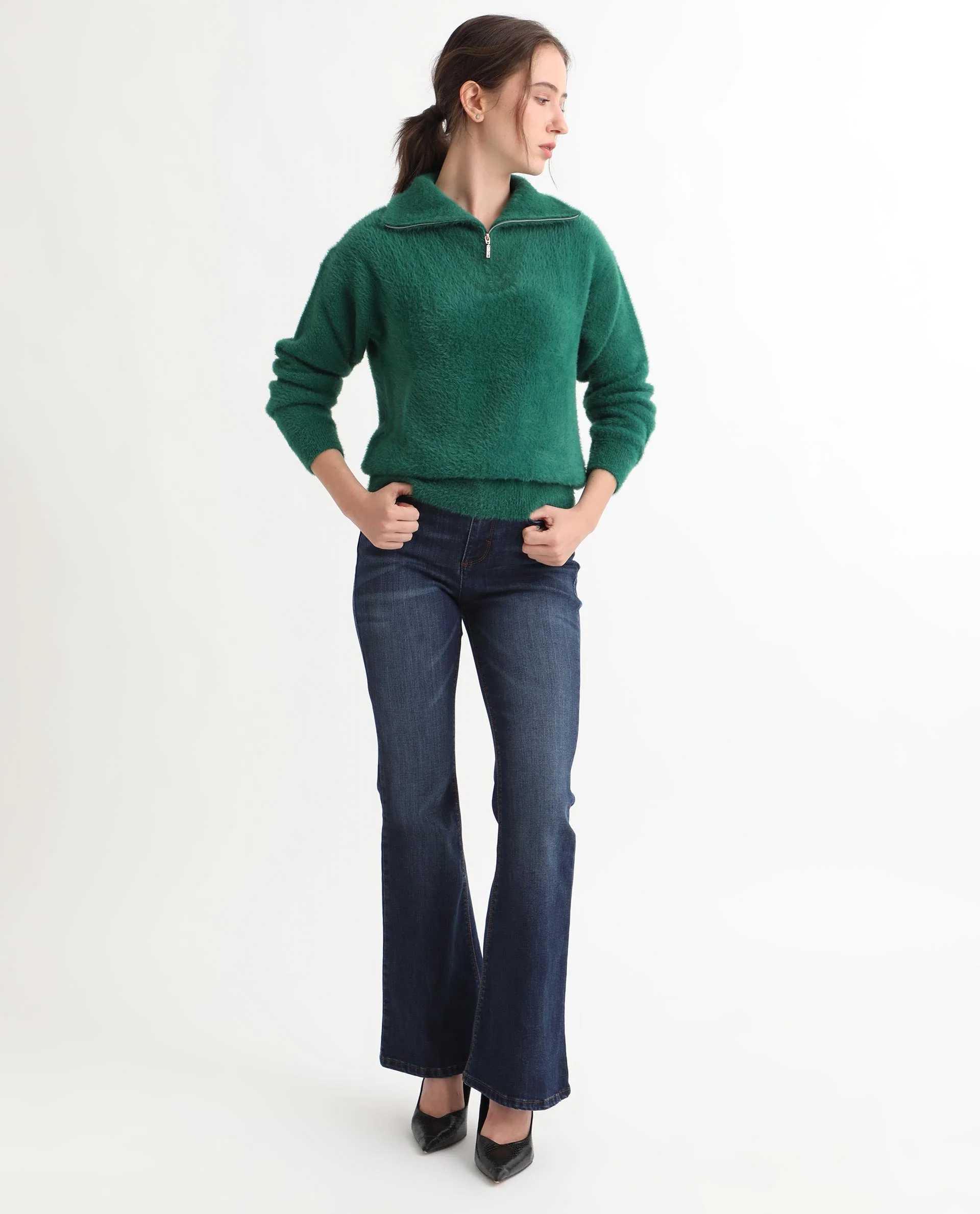 Rareism Women's Asser Green Nylon Drop Collar Plain Relaxed Fit Sweater - Image 2