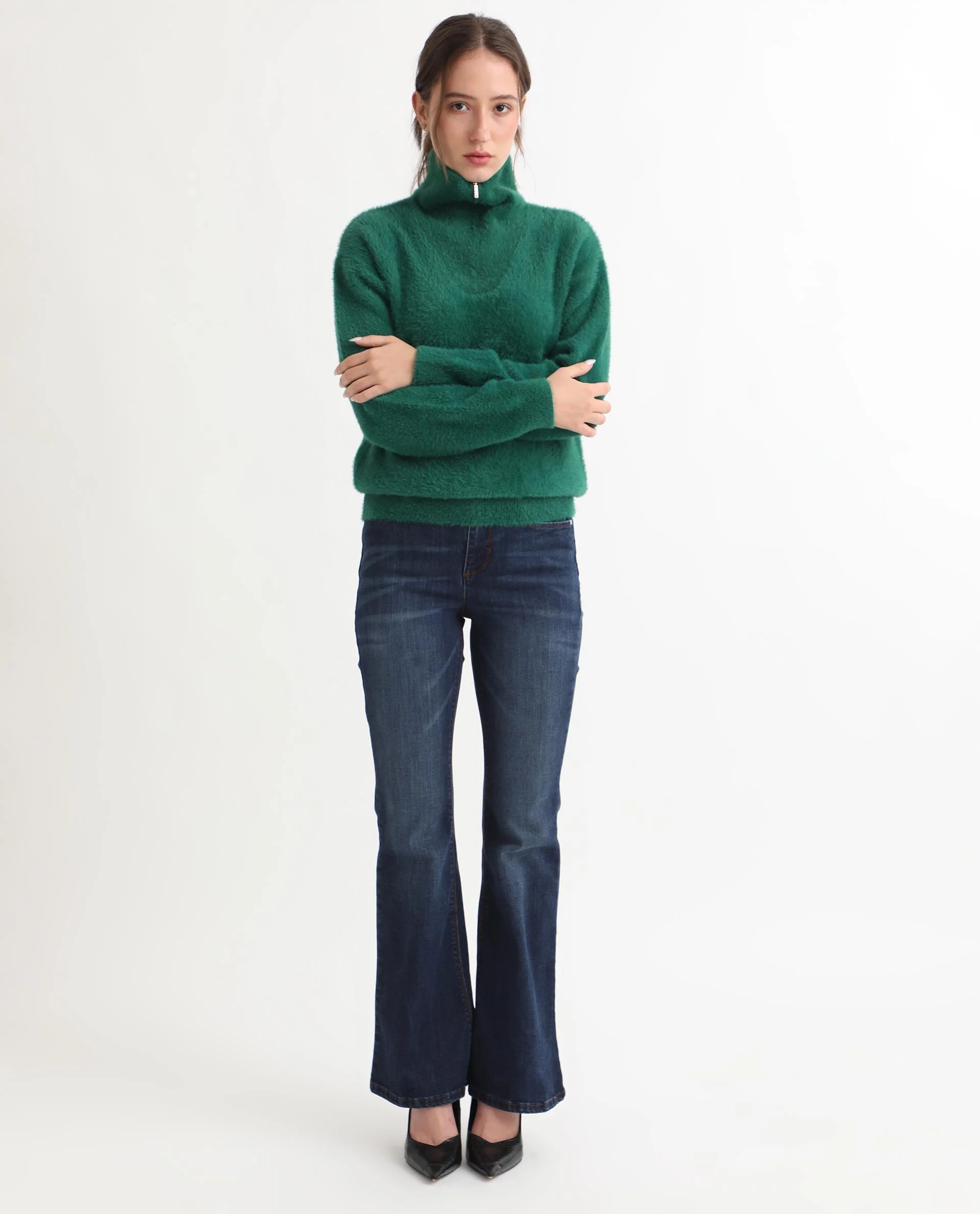Rareism Women's Asser Green Nylon Drop Collar Plain Relaxed Fit Sweater - Image 3