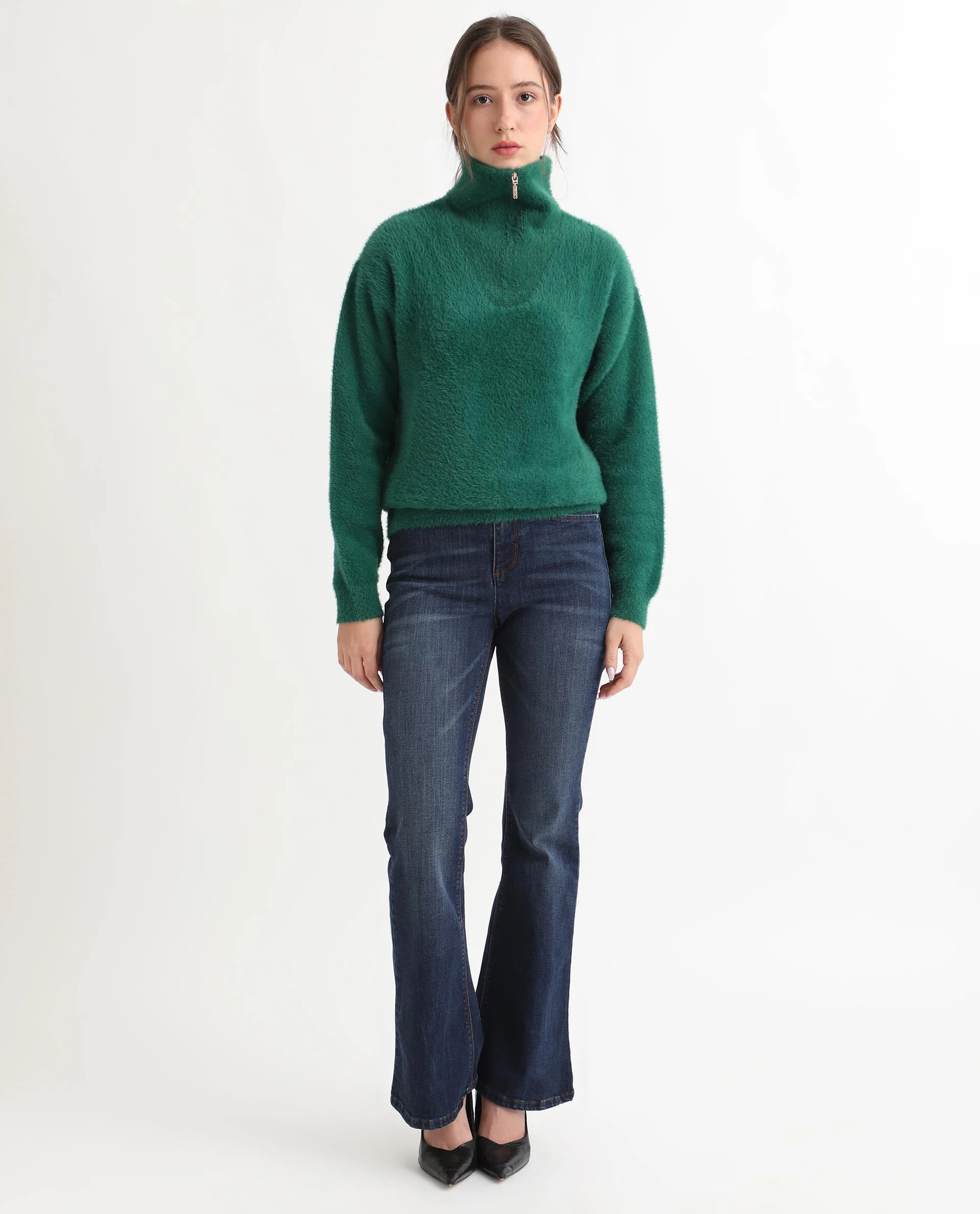 Rareism Women's Asser Green Nylon Drop Collar Plain Relaxed Fit Sweater - Image 4