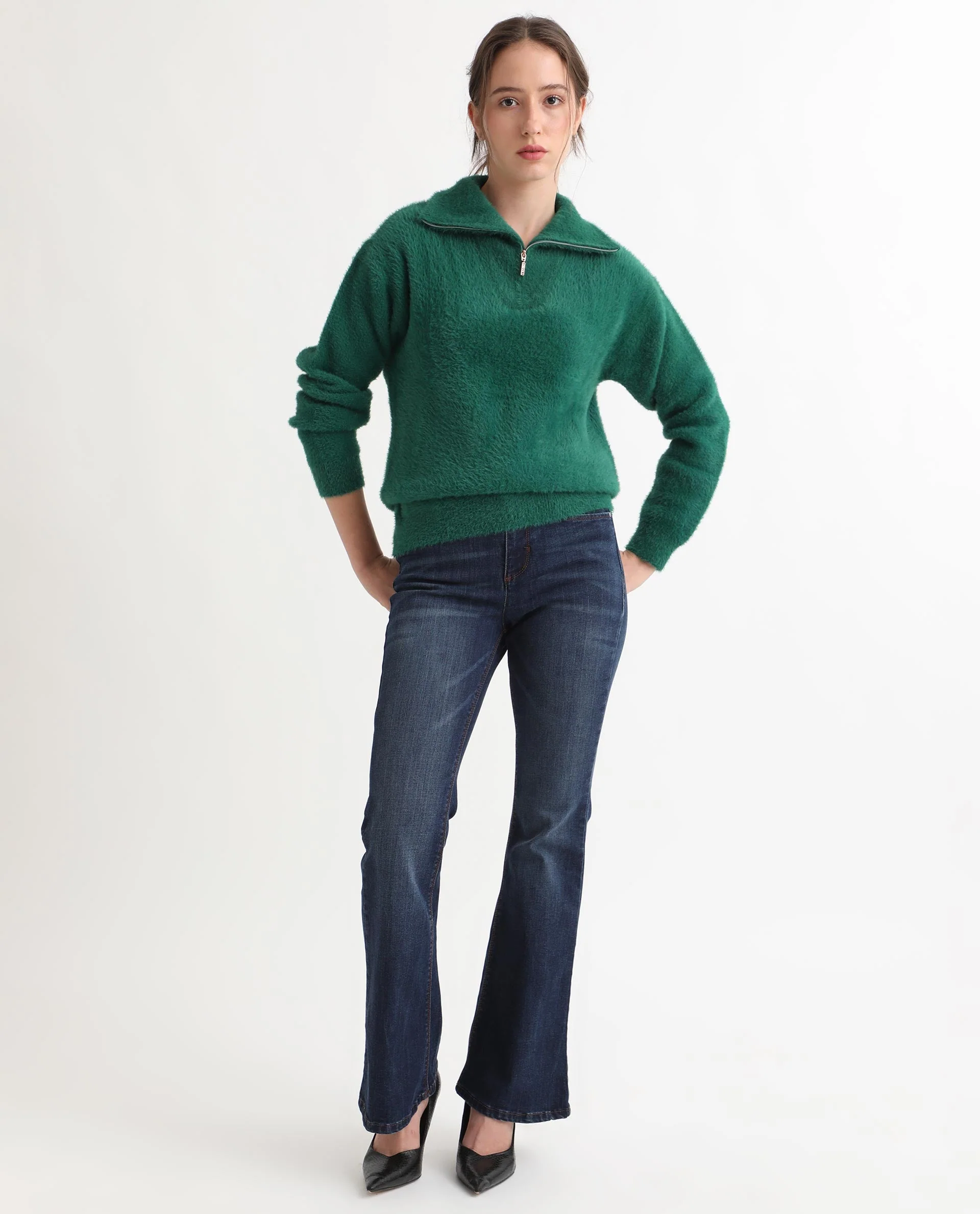 Rareism Women's Asser Green Nylon Drop Collar Plain Relaxed Fit Sweater - Image 5