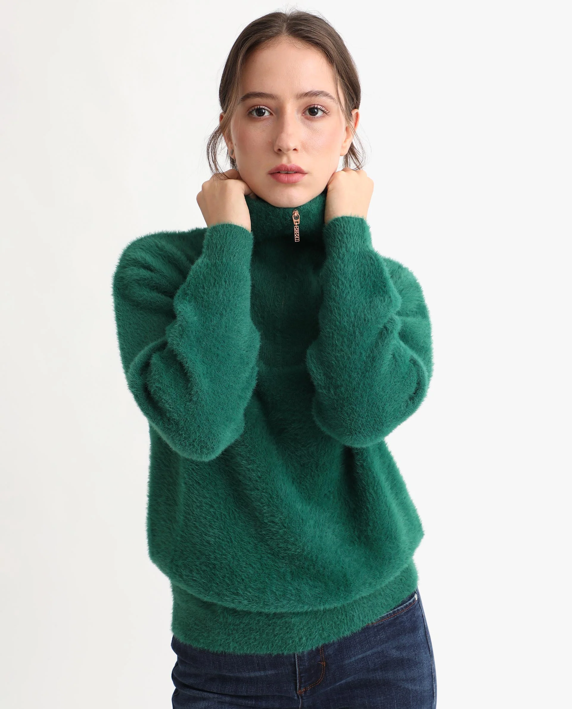 Rareism Women's Asser Green Nylon Drop Collar Plain Relaxed Fit Sweater - Image 6
