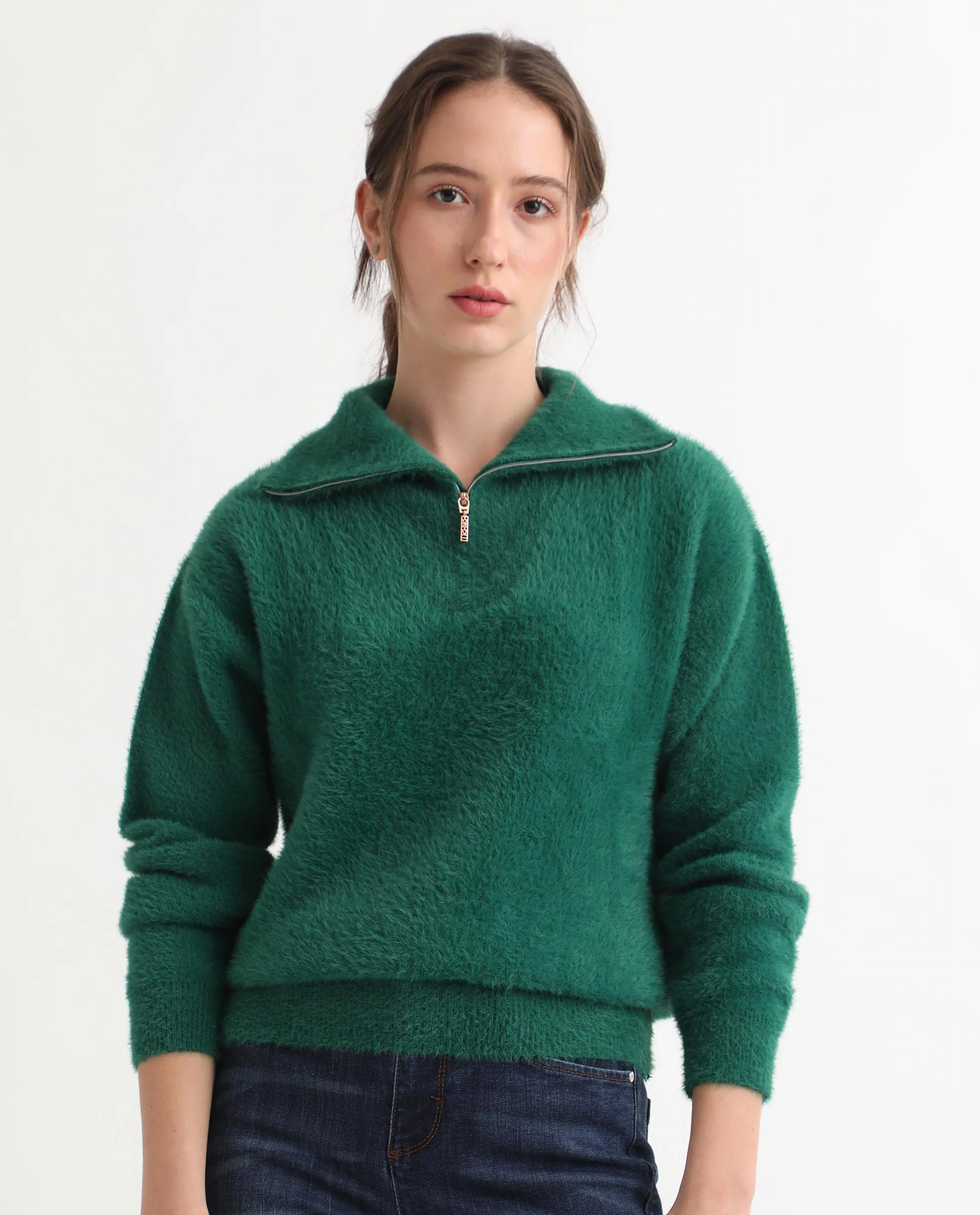Rareism Women's Asser Green Nylon Drop Collar Plain Relaxed Fit Sweater - Image 7