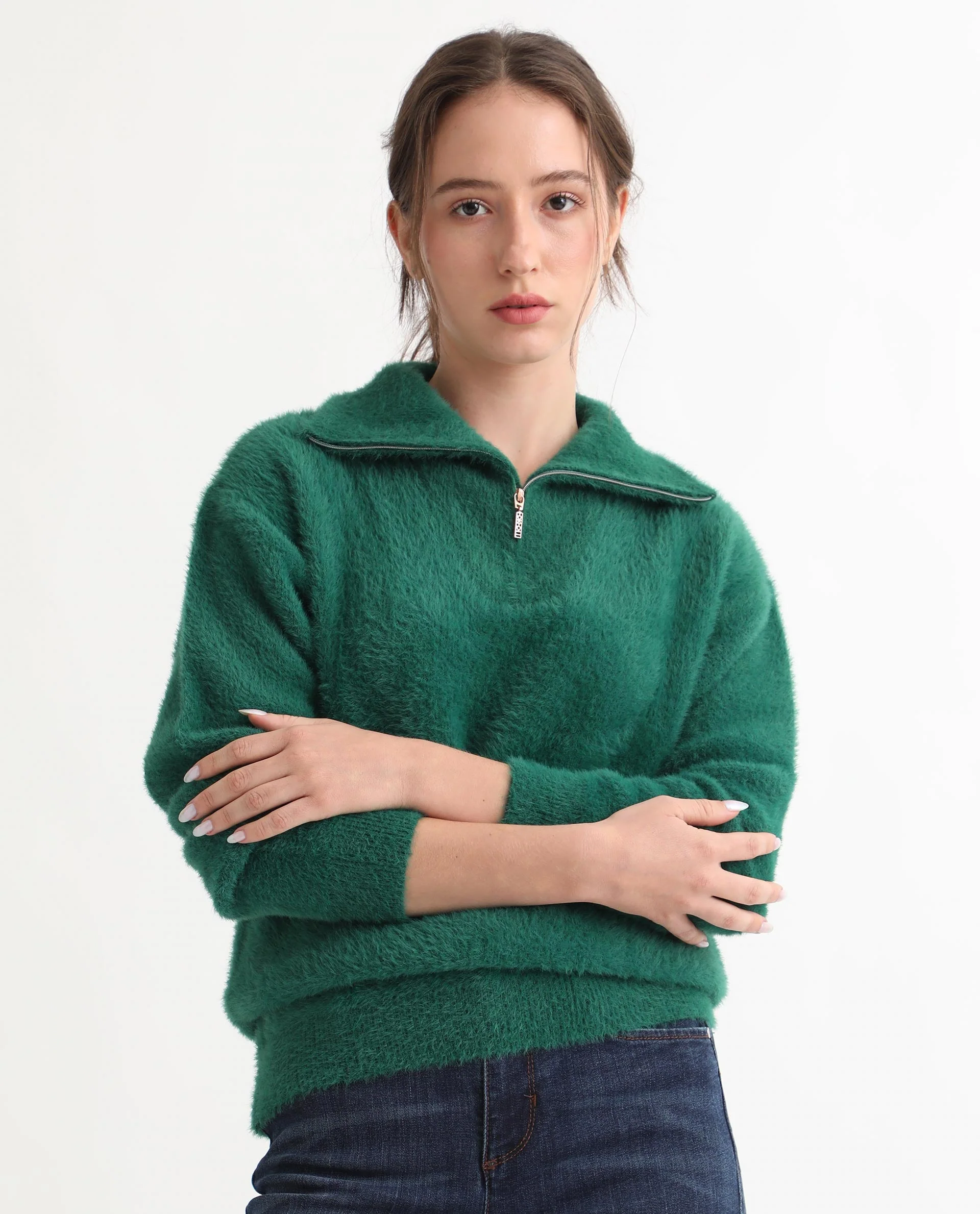 Rareism Women's Asser Green Nylon Drop Collar Plain Relaxed Fit Sweater - Image 9