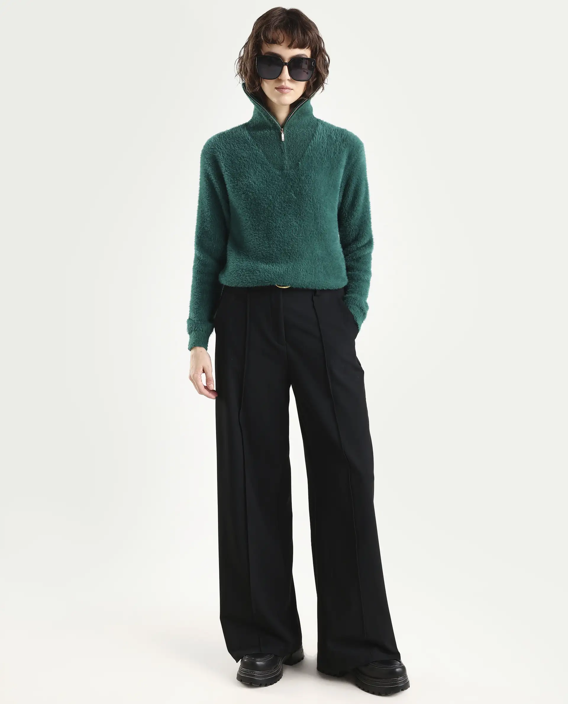 Rareism Women's Asser Green Polyester Blend High Neck Plain Relaxed Fit Sweater - Image 2