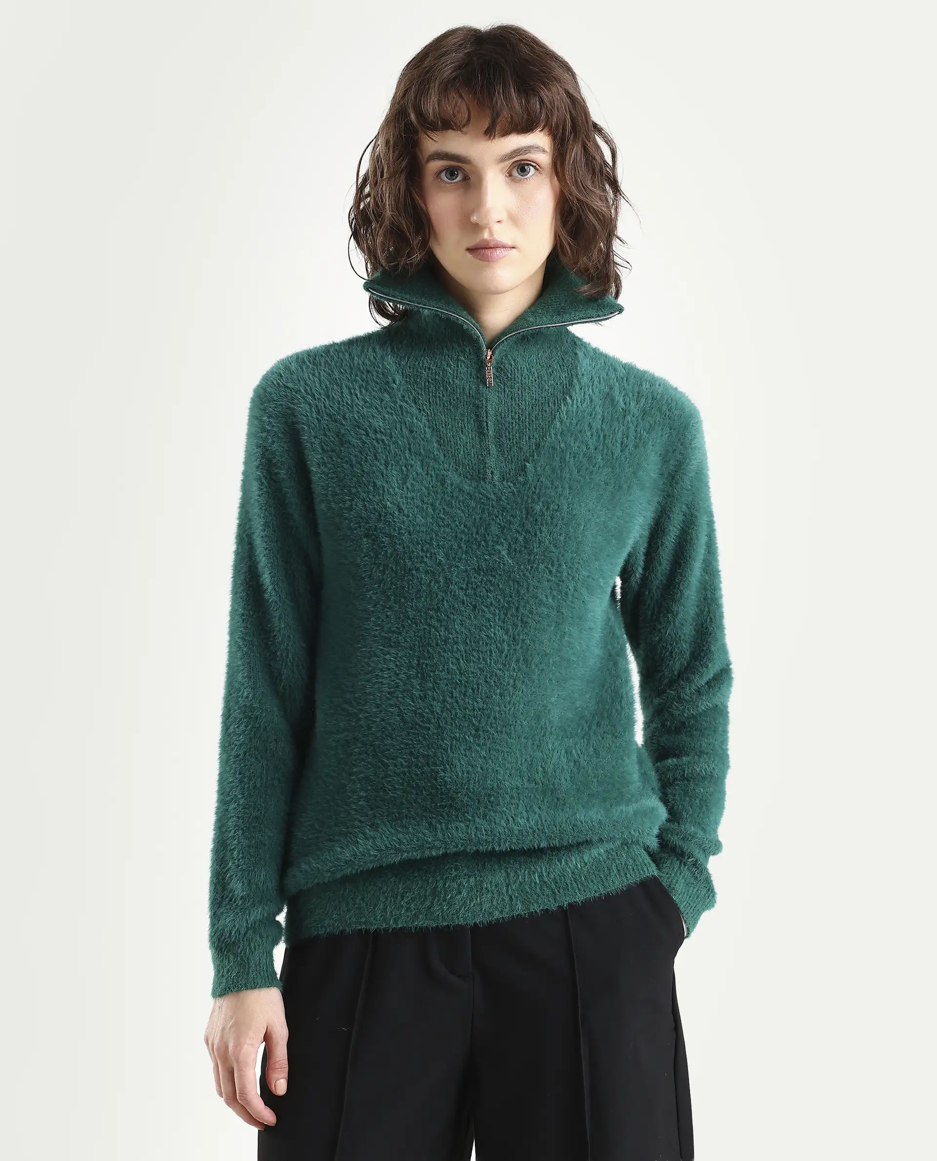 Rareism Women's Asser Green Polyester Blend High Neck Plain Relaxed Fit Sweater - Image 3