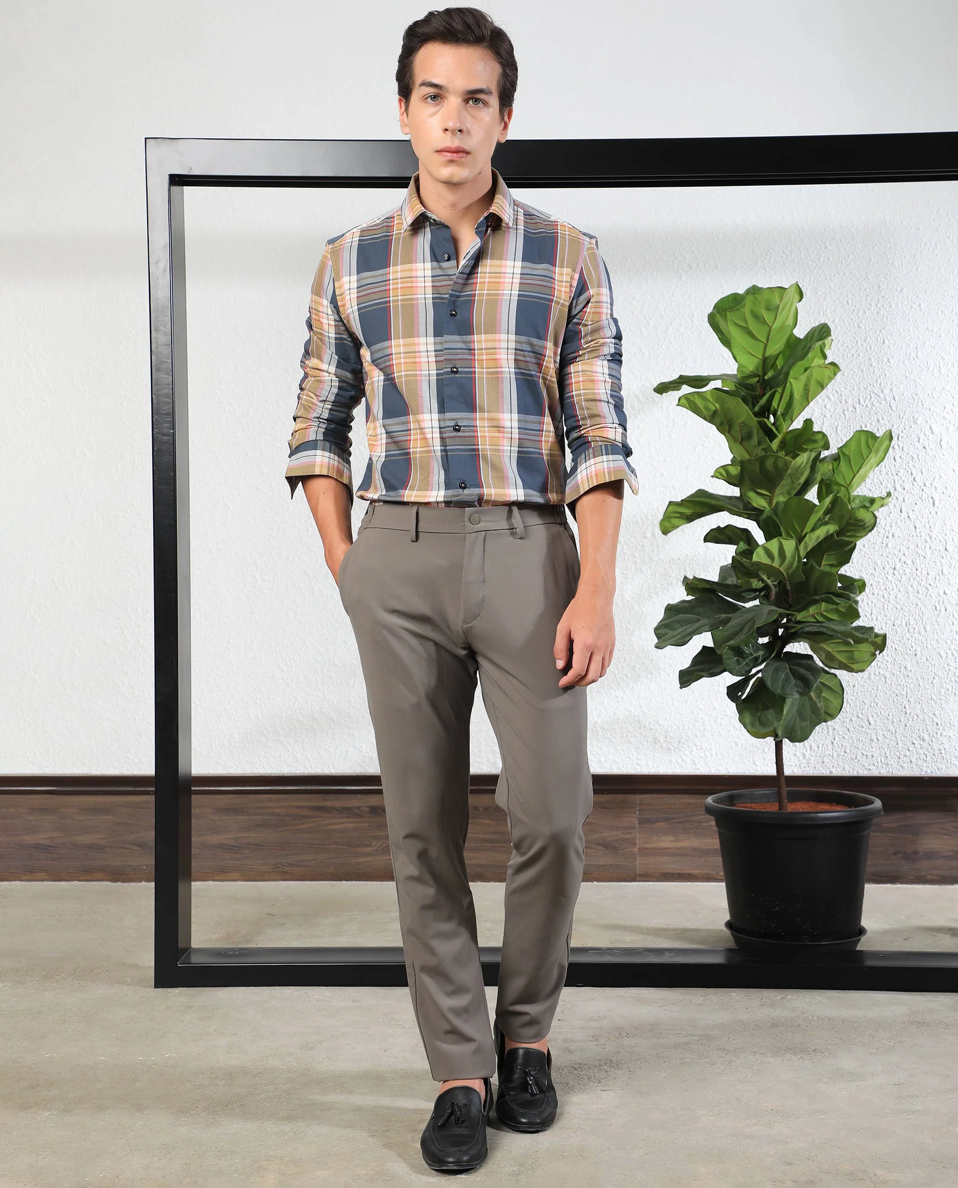 Rare Rabbit Men's Assis Olive Cotton Checked Print Tailored Fit Full Sleeve Collared Shirt - Image 2