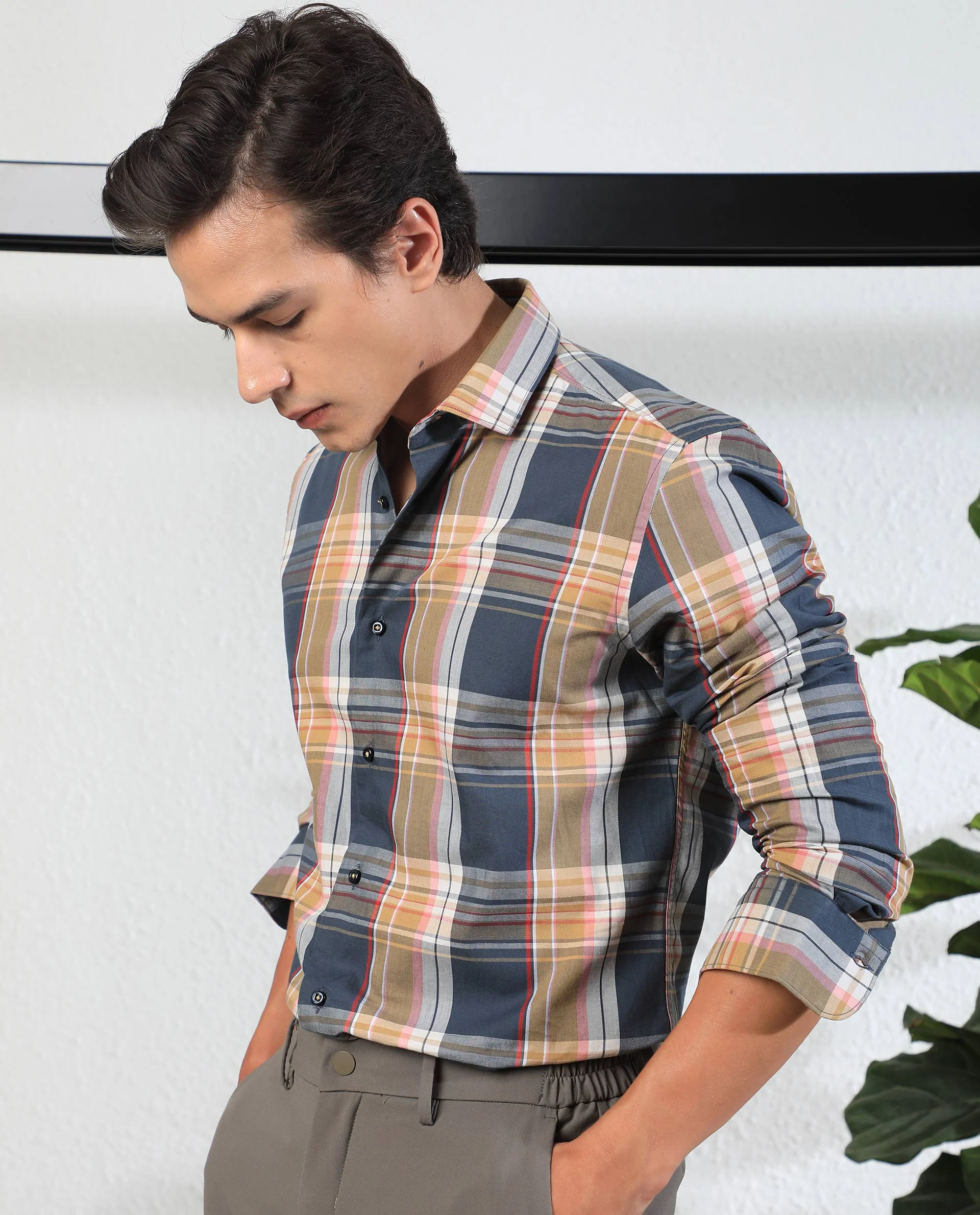 Rare Rabbit Men's Assis Olive Cotton Checked Print Tailored Fit Full Sleeve Collared Shirt - Image 3