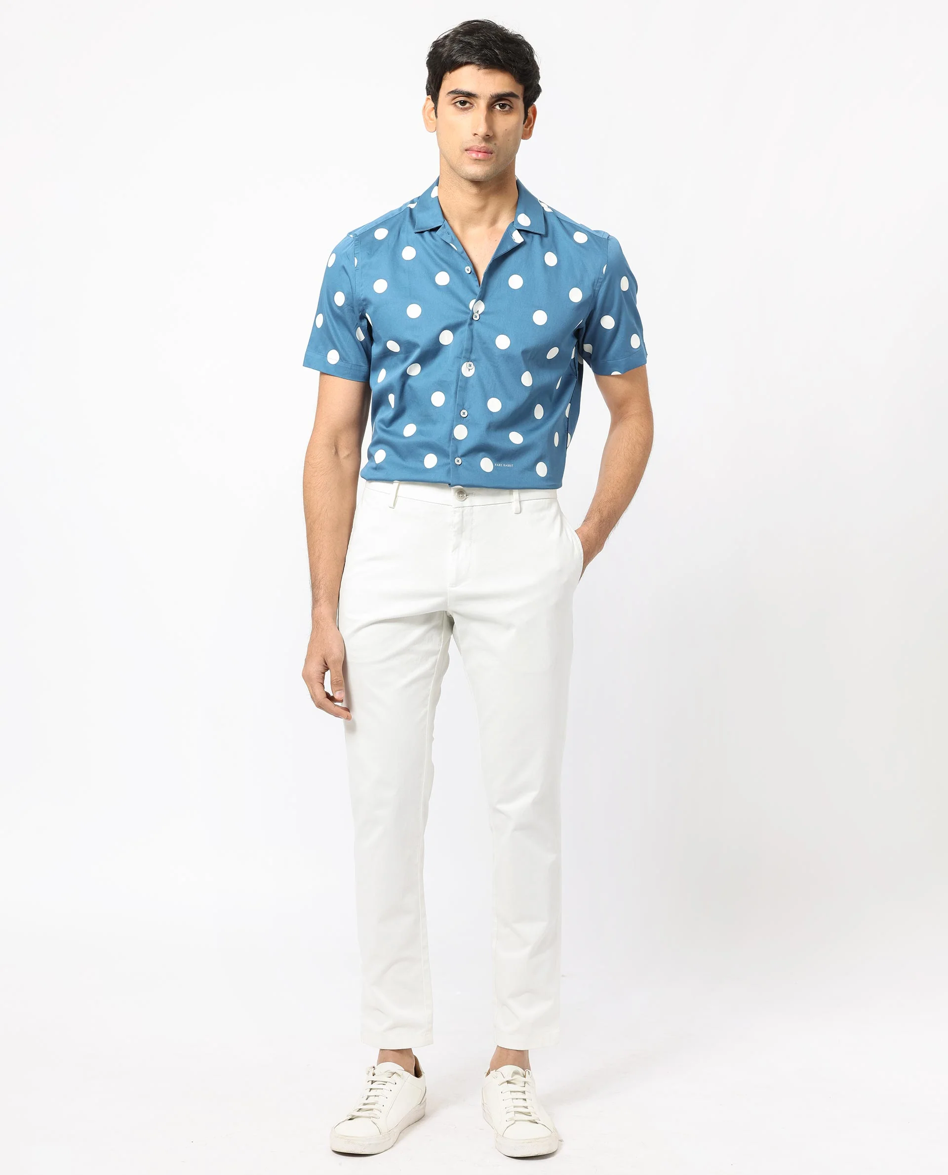 Rare Rabbit Men's Astel Blue Cotton Polka Print Tailored Fit Half Sleeve Cuban Collar Shirt - Image 2
