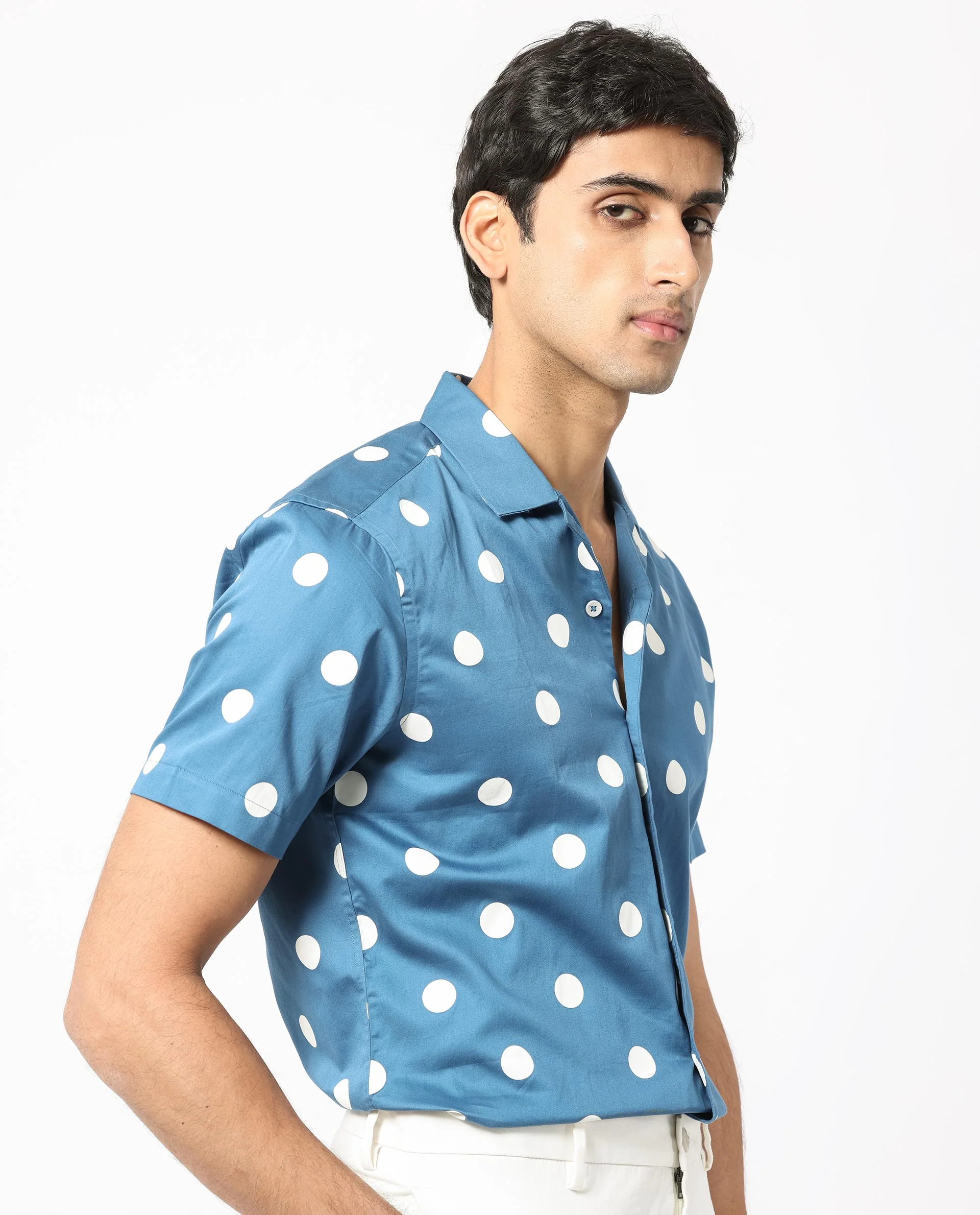 Rare Rabbit Men's Astel Blue Cotton Polka Print Tailored Fit Half Sleeve Cuban Collar Shirt - Image 7