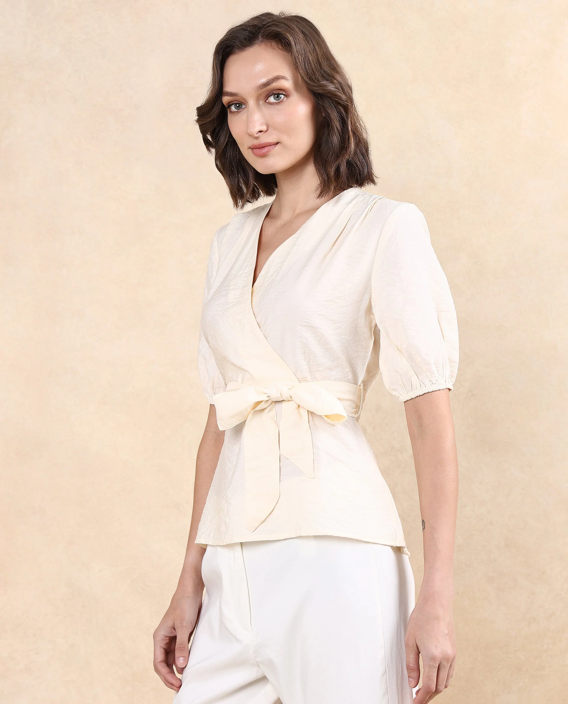 Rareism Women's Astina Light Beige Nylon Blend Overlap Neck Plain Puff Sleeves Regular Fit Top - Image 4