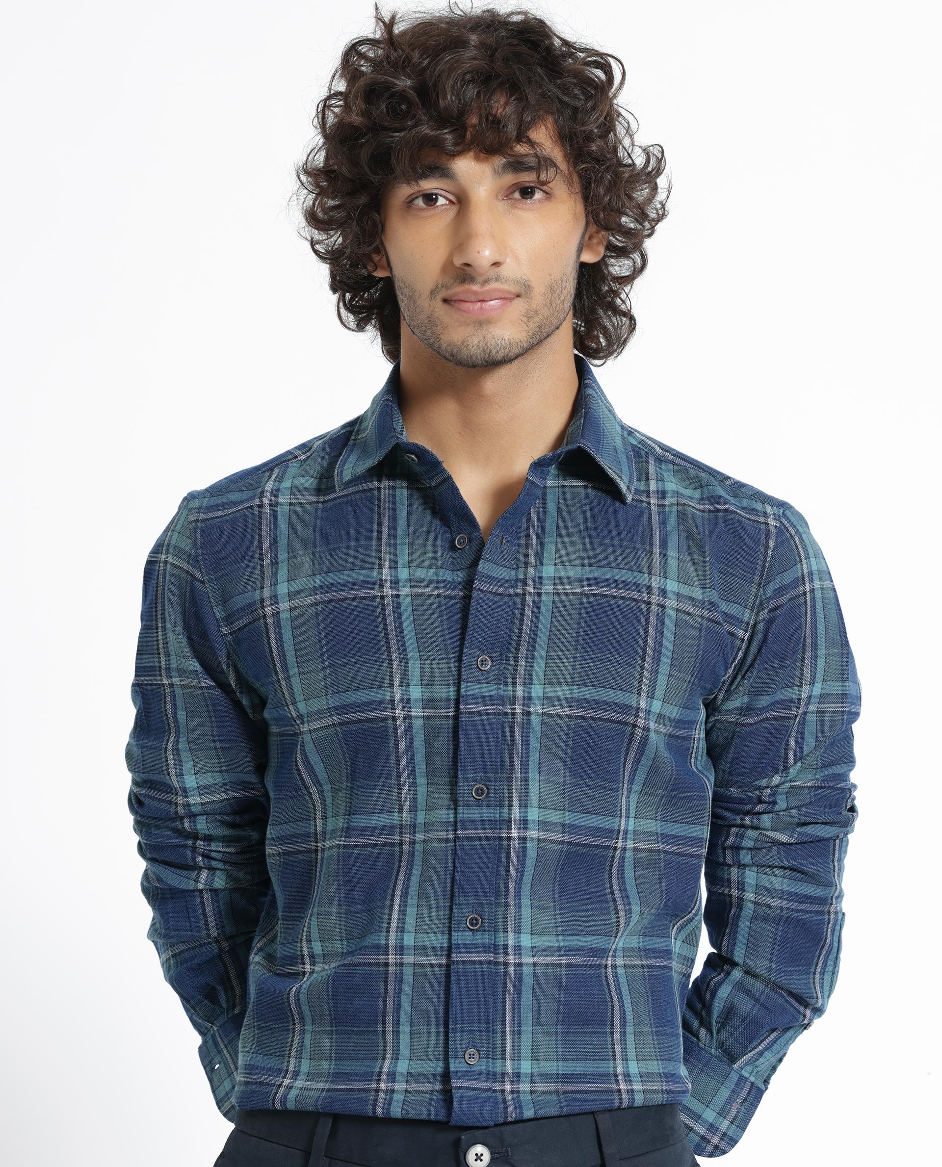 Rare Rabbit Men's Astl Blue Cotton Checked Print Regular Fit Full Sleeve Collared Shirt - Image 2