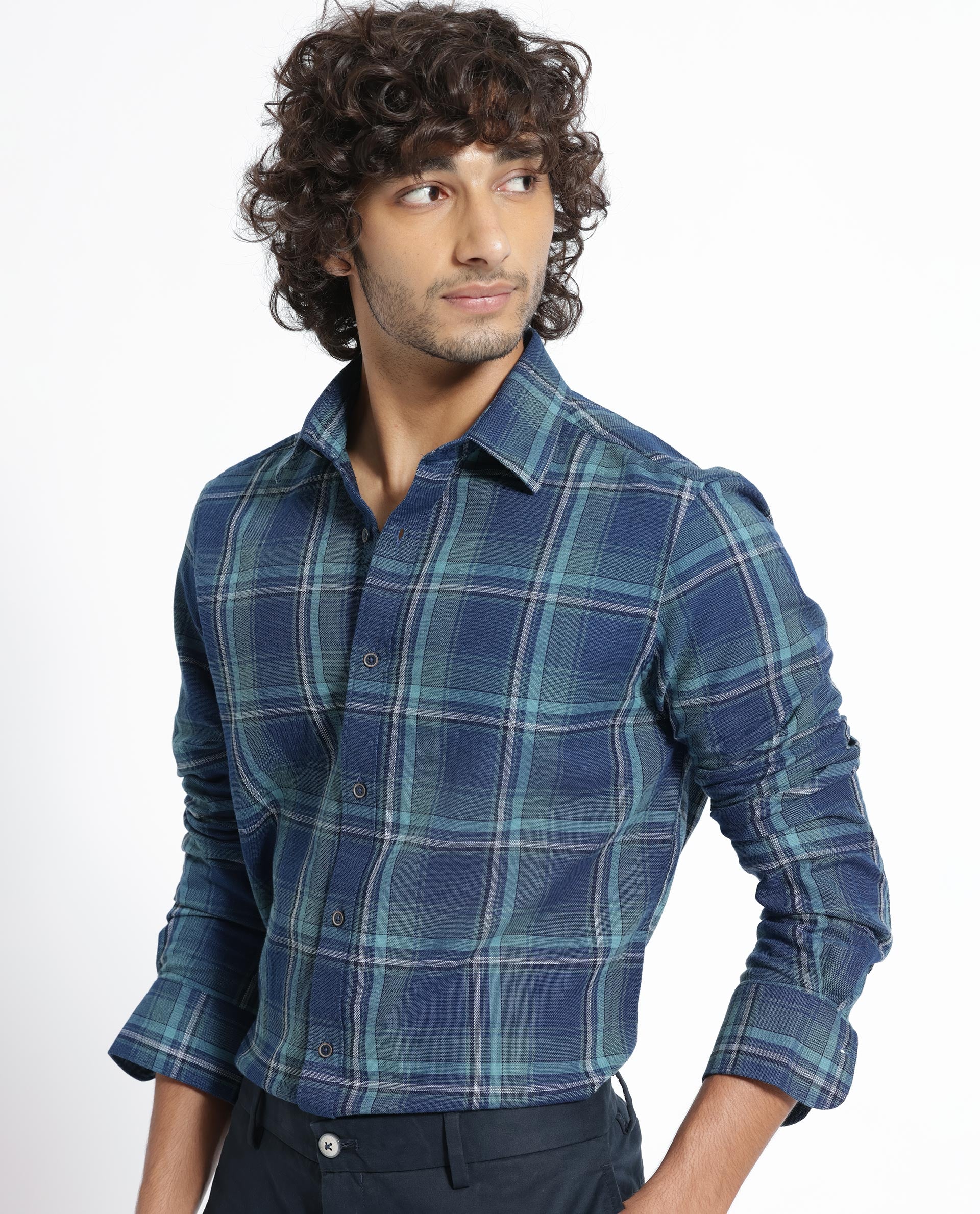 Rare Rabbit Men's Astl Blue Cotton Checked Print Regular Fit Full Sleeve Collared Shirt - Image 4
