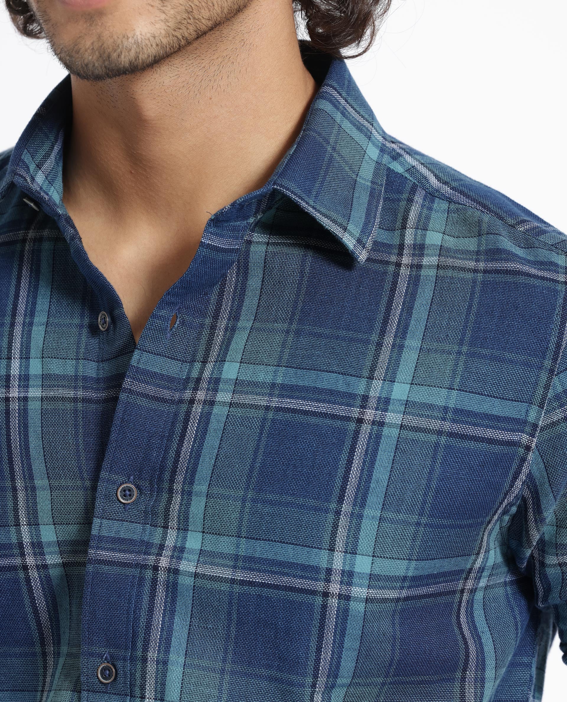 Rare Rabbit Men's Astl Blue Cotton Checked Print Regular Fit Full Sleeve Collared Shirt - Image 6