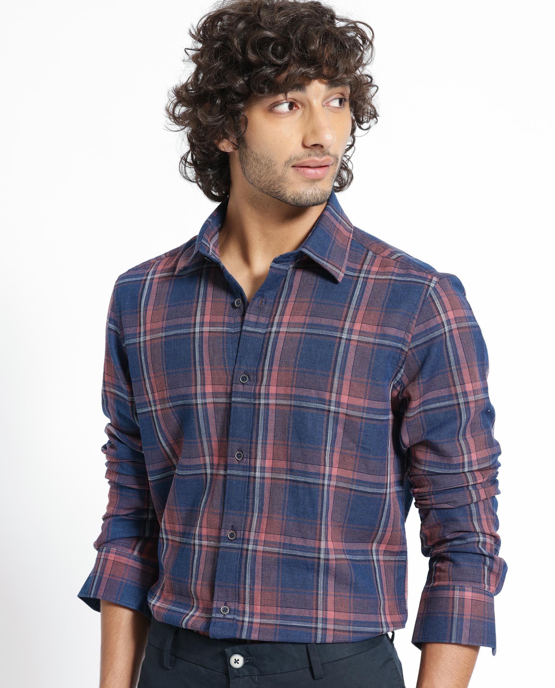 Rare Rabbit Men's Astl Navy Cotton Checked Print Regular Fit Full Sleeve Spread Collar Shirt - Image 3