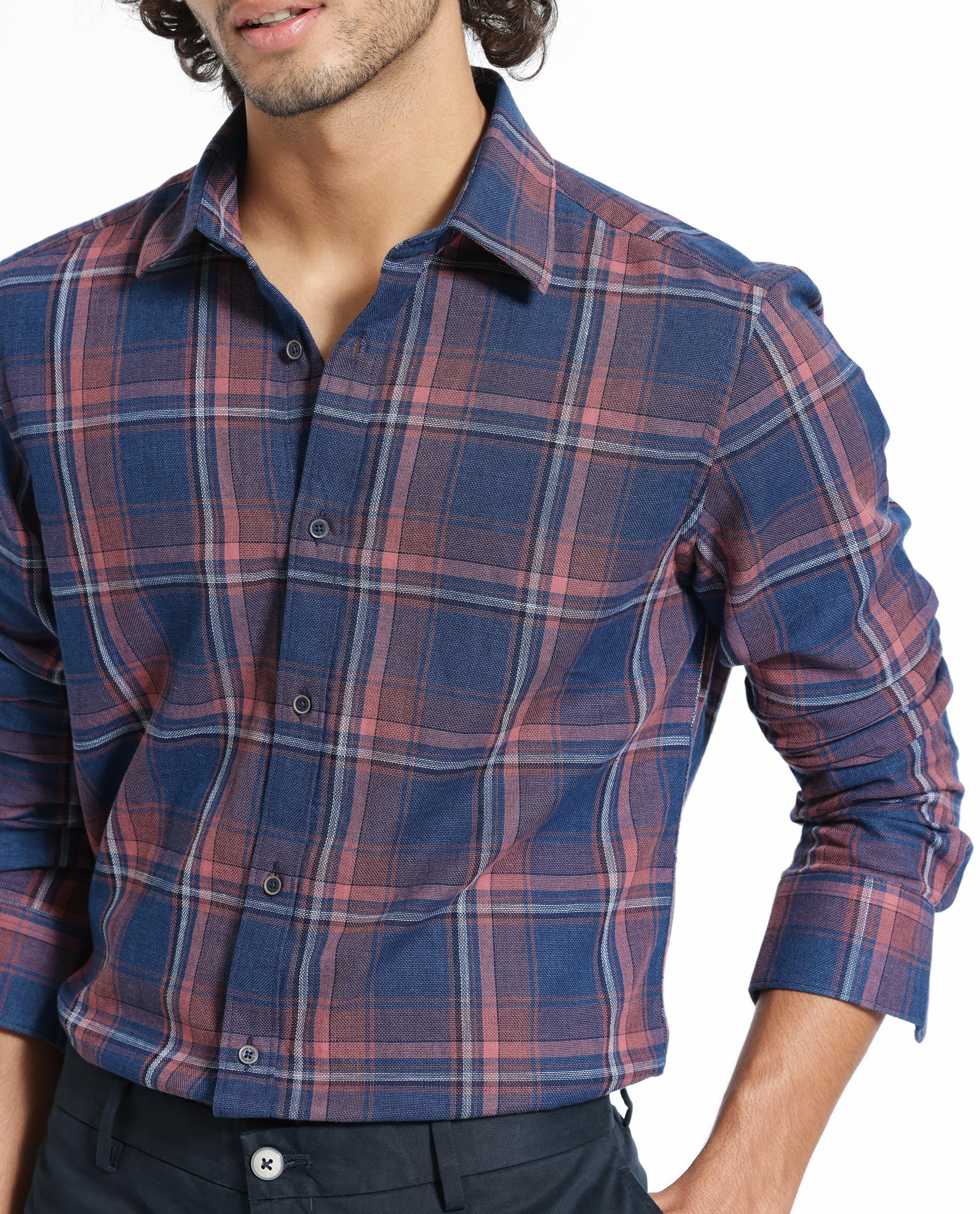 Rare Rabbit Men's Astl Navy Cotton Checked Print Regular Fit Full Sleeve Spread Collar Shirt - Image 5