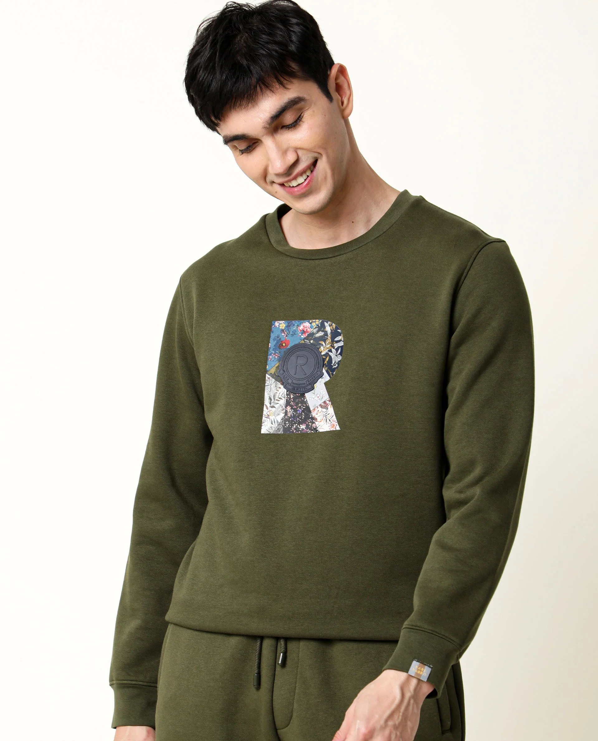 Rare Rabbit Men's Astor Olive Cotton Graphic Print Regular Fit Full Sleeve Crew Neck Sweatshirt - Image 3