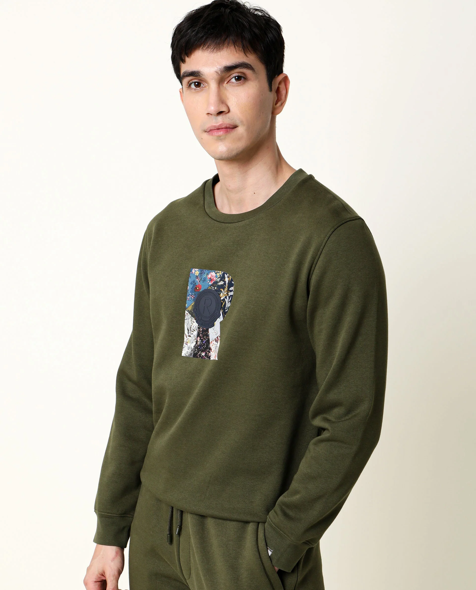 Rare Rabbit Men's Astor Olive Cotton Graphic Print Regular Fit Full Sleeve Crew Neck Sweatshirt - Image 5