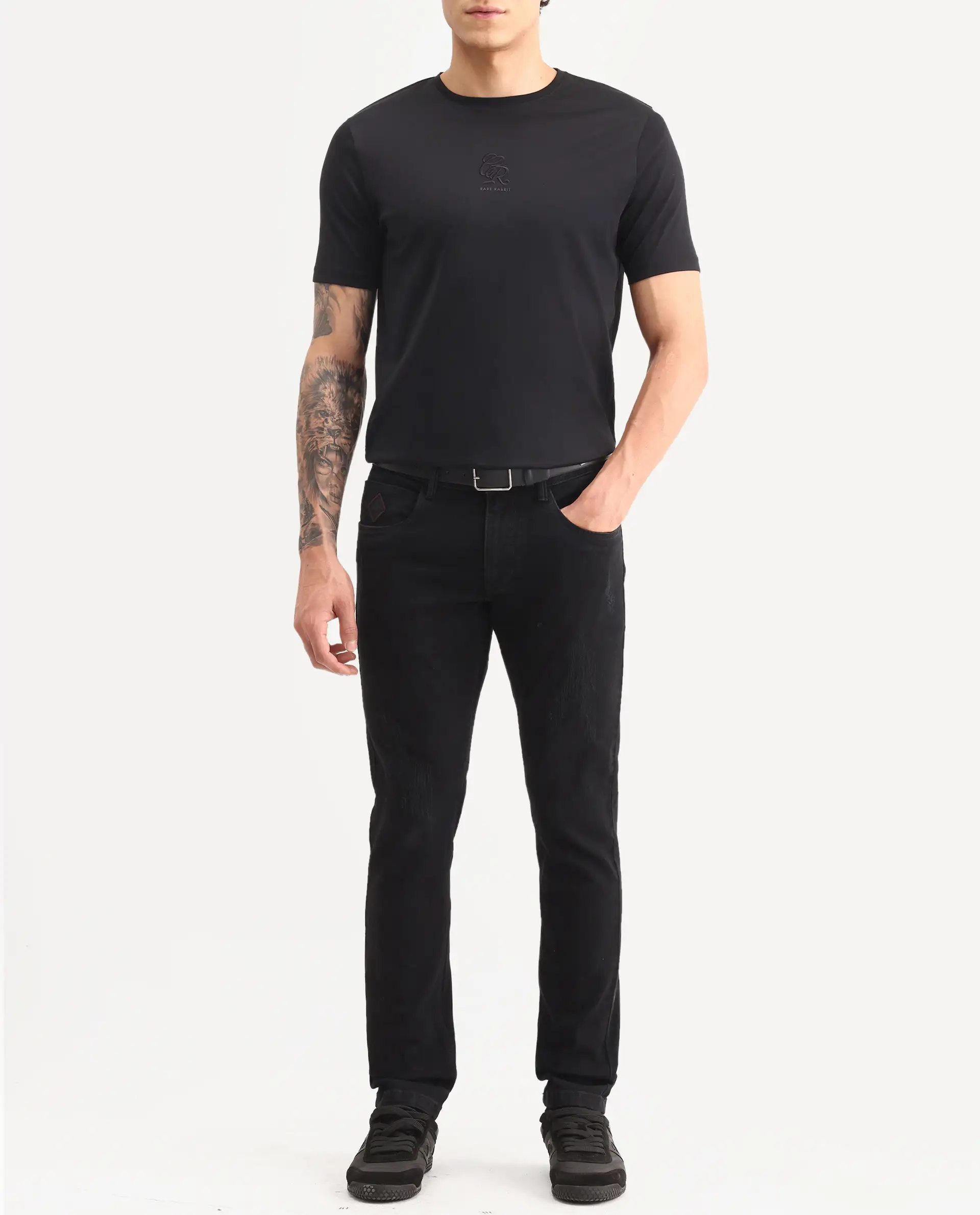 Rare Rabbit Men's Astra Bh Black Cotton Blend Fabric Shank And Zipper Hawk Slim Plain Jeans - Image 2