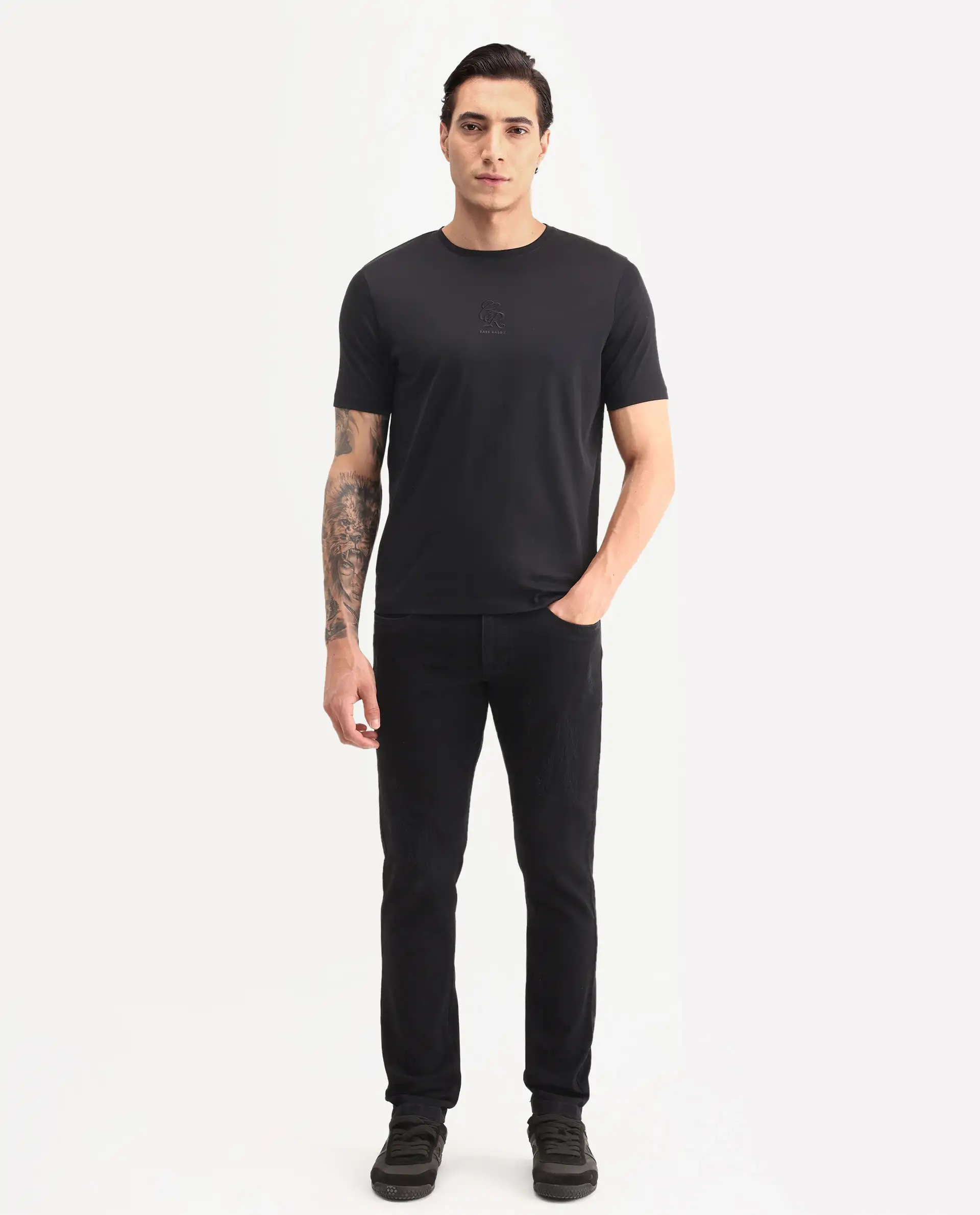 Rare Rabbit Men's Astra Bh Black Cotton Blend Fabric Shank And Zipper Hawk Slim Plain Jeans - Image 4