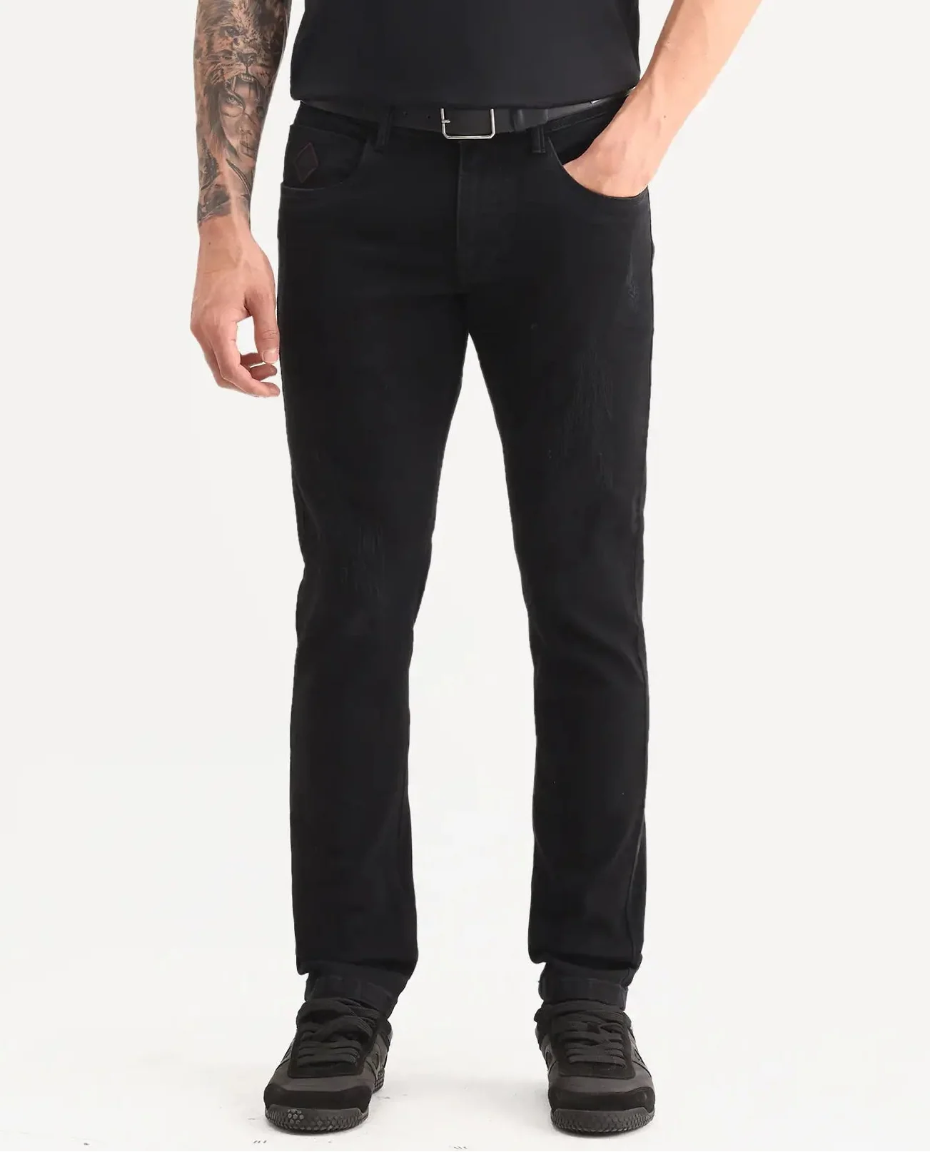 Rare Rabbit Men's Astra Bh Black Cotton Blend Fabric Shank And Zipper Hawk Slim Plain Jeans - Image 9