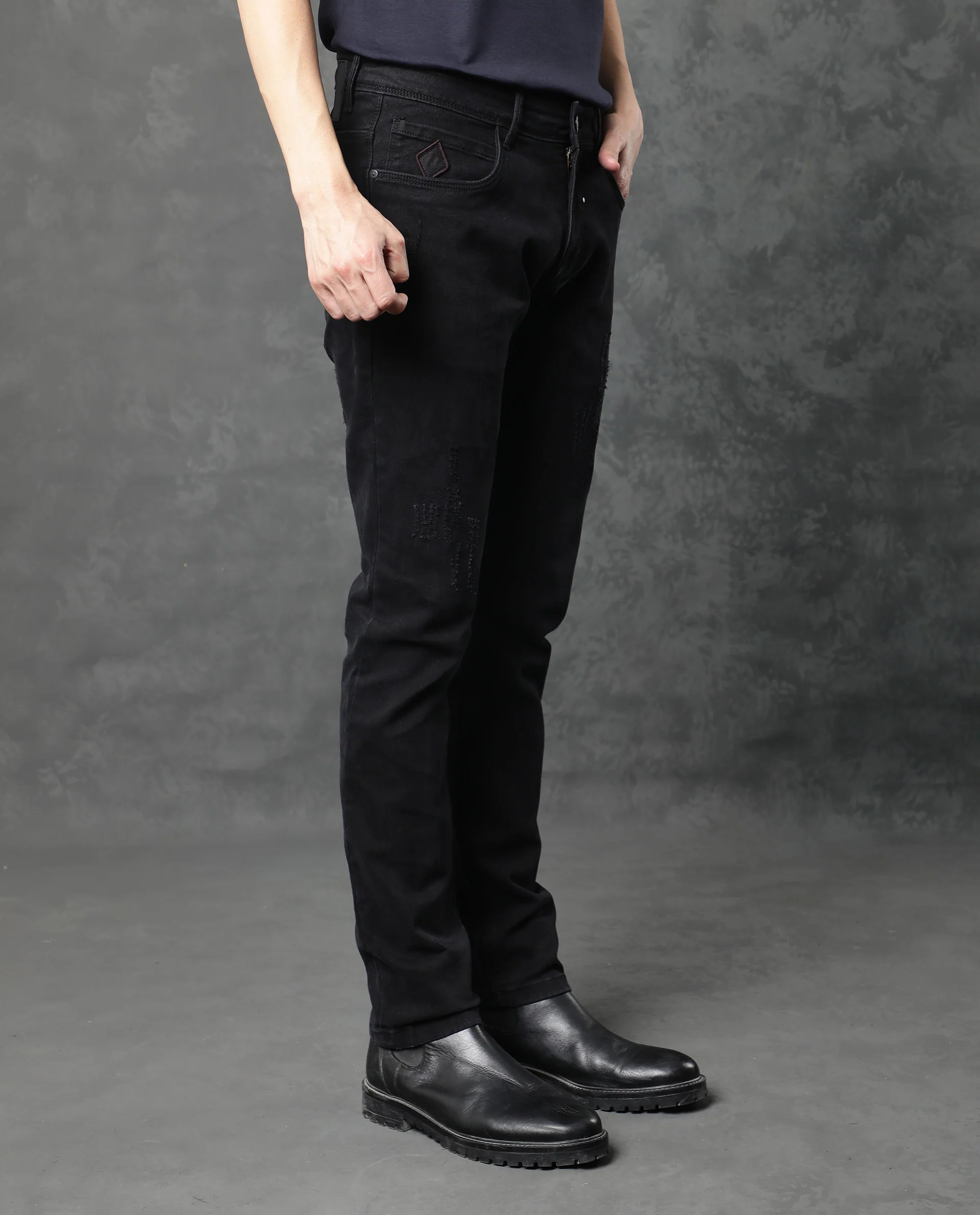 Rare Rabbit Men's Astra Black Cotton Plain Hawk Slim Fit Jeans - Image 11