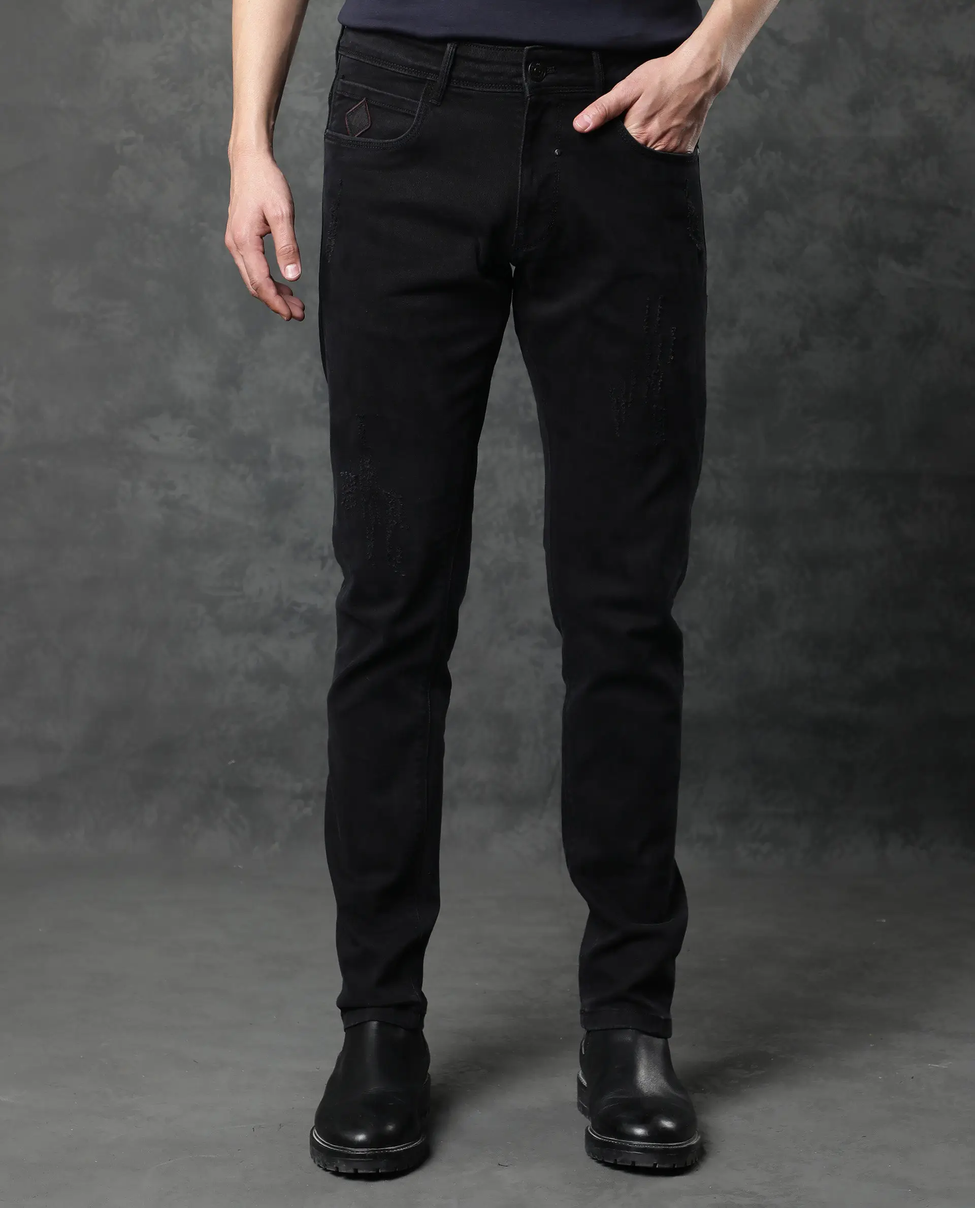 Rare Rabbit Men's Astra Black Cotton Plain Hawk Slim Fit Jeans - Image 14