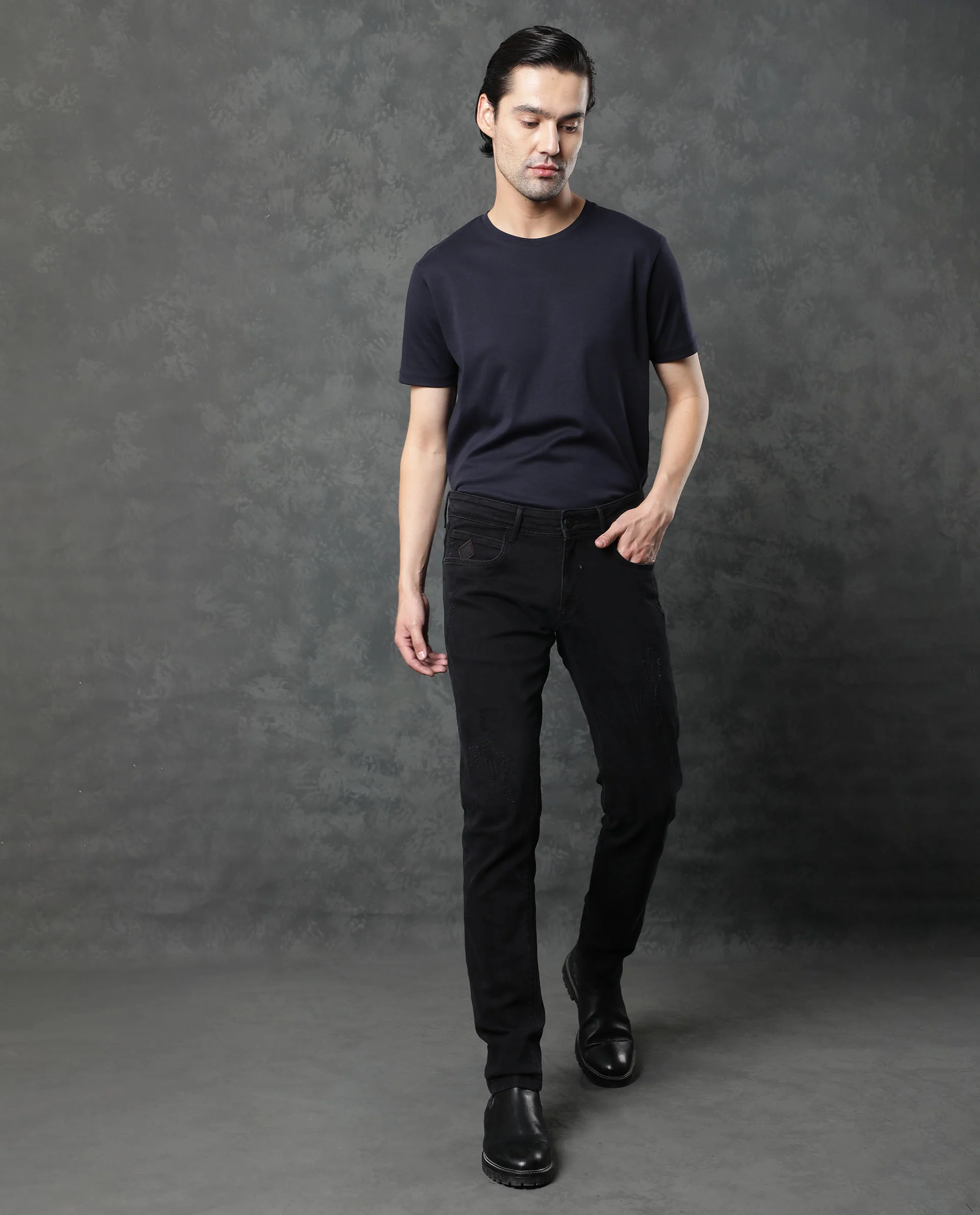 Rare Rabbit Men's Astra Black Cotton Plain Hawk Slim Fit Jeans - Image 2