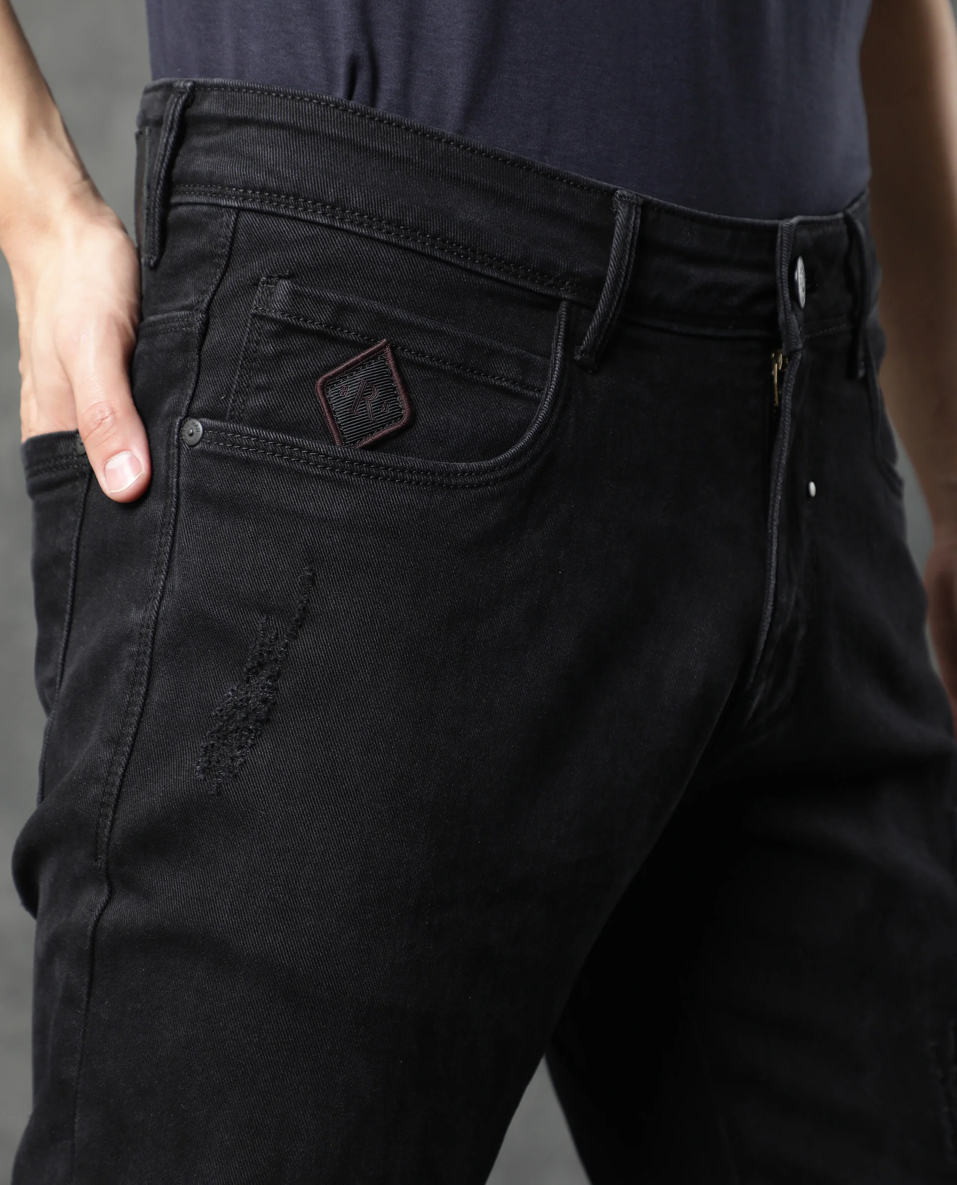 Rare Rabbit Men's Astra Black Cotton Plain Hawk Slim Fit Jeans - Image 3