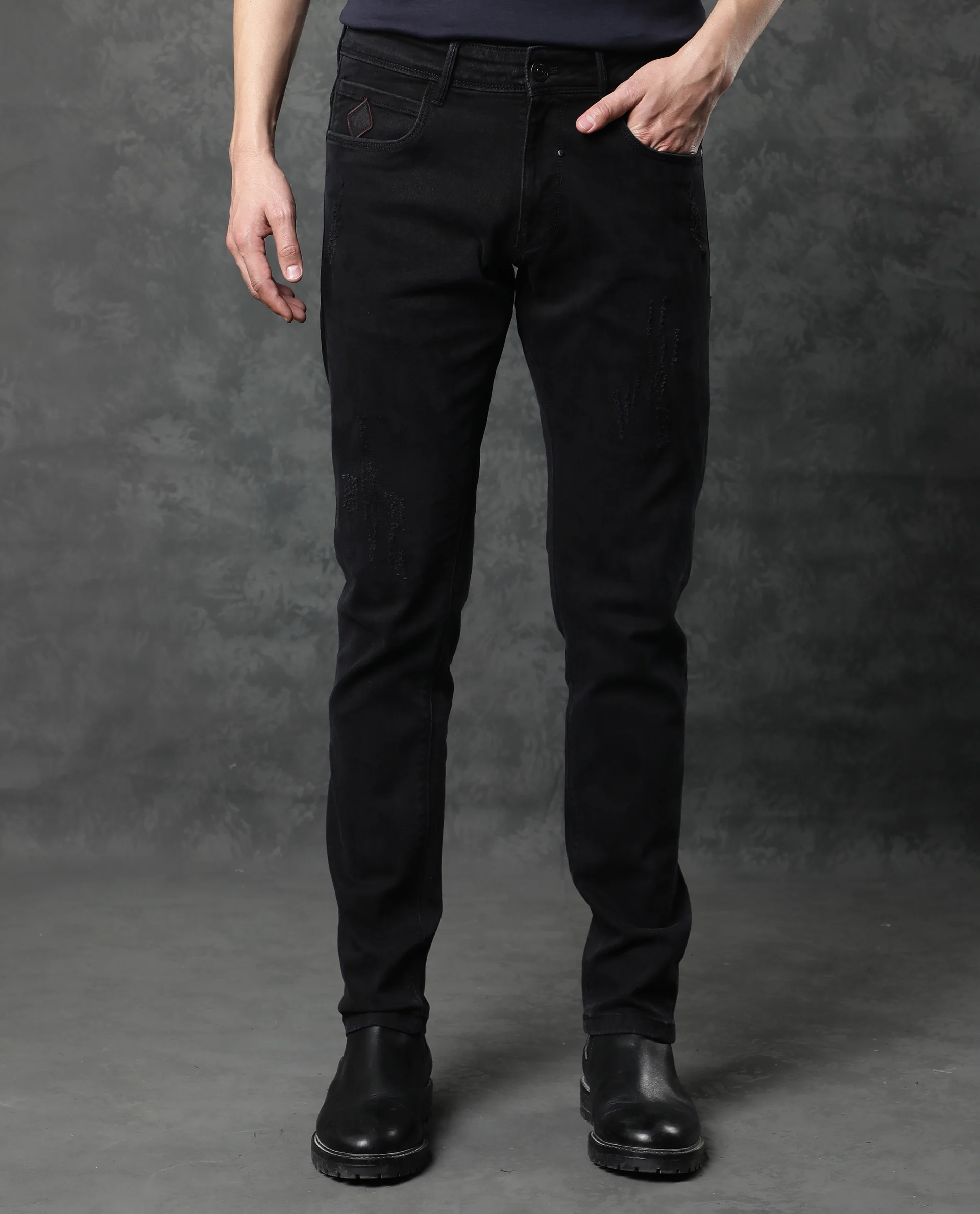 Rare Rabbit Men's Astra Black Cotton Plain Hawk Slim Fit Jeans - Image 7