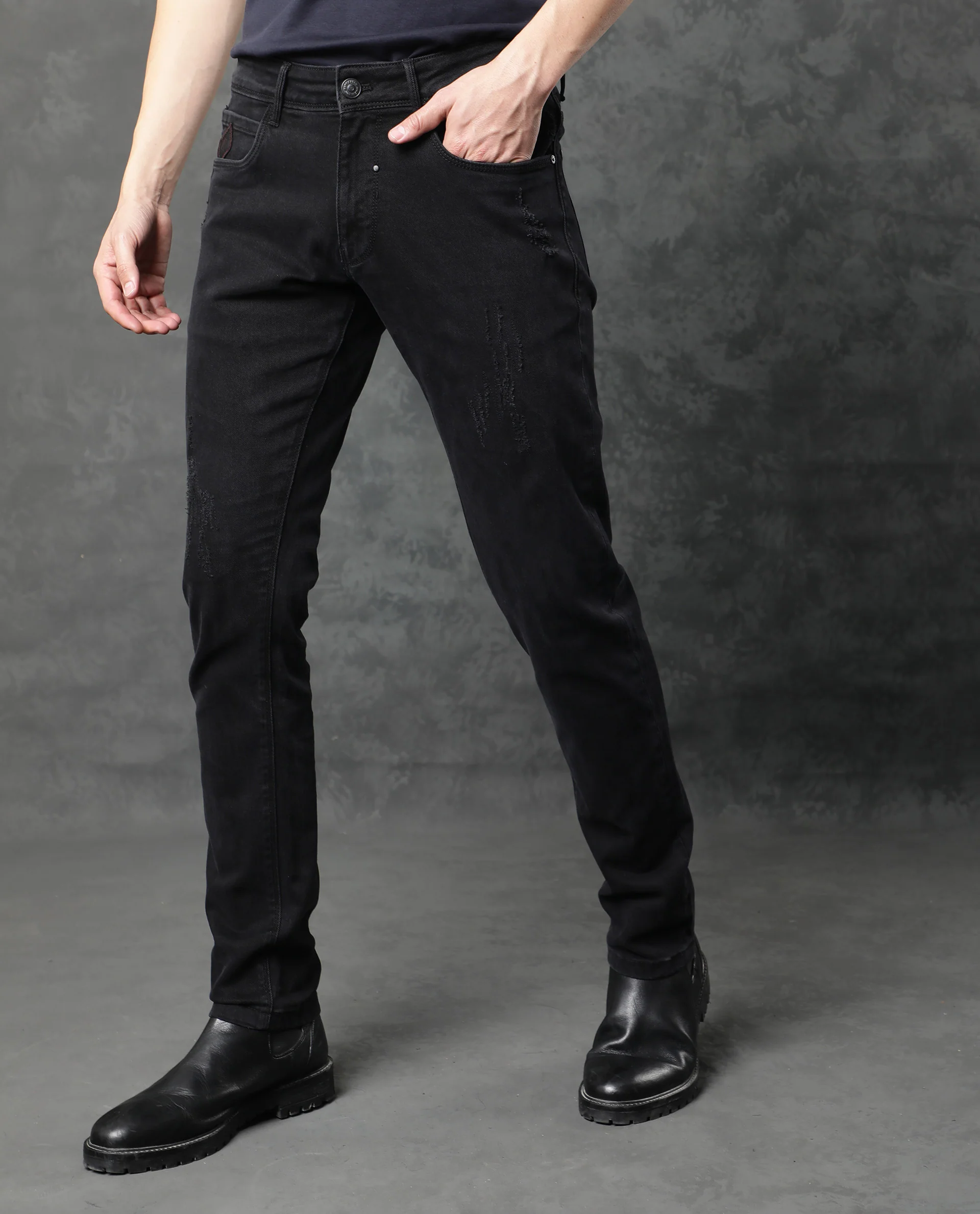 Rare Rabbit Men's Astra Black Cotton Plain Hawk Slim Fit Jeans - Image 9
