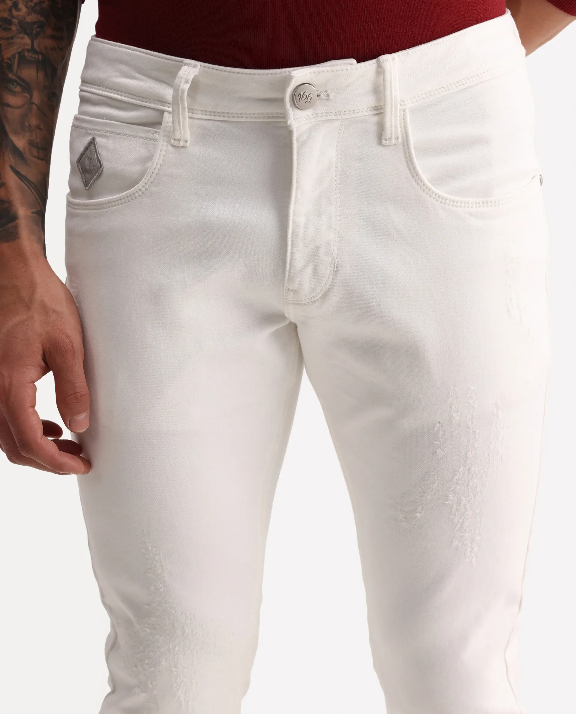 Rare Rabbit Men's Astra W White Cotton Blend Hawk Slim Fit Plain Jeans - Image 4