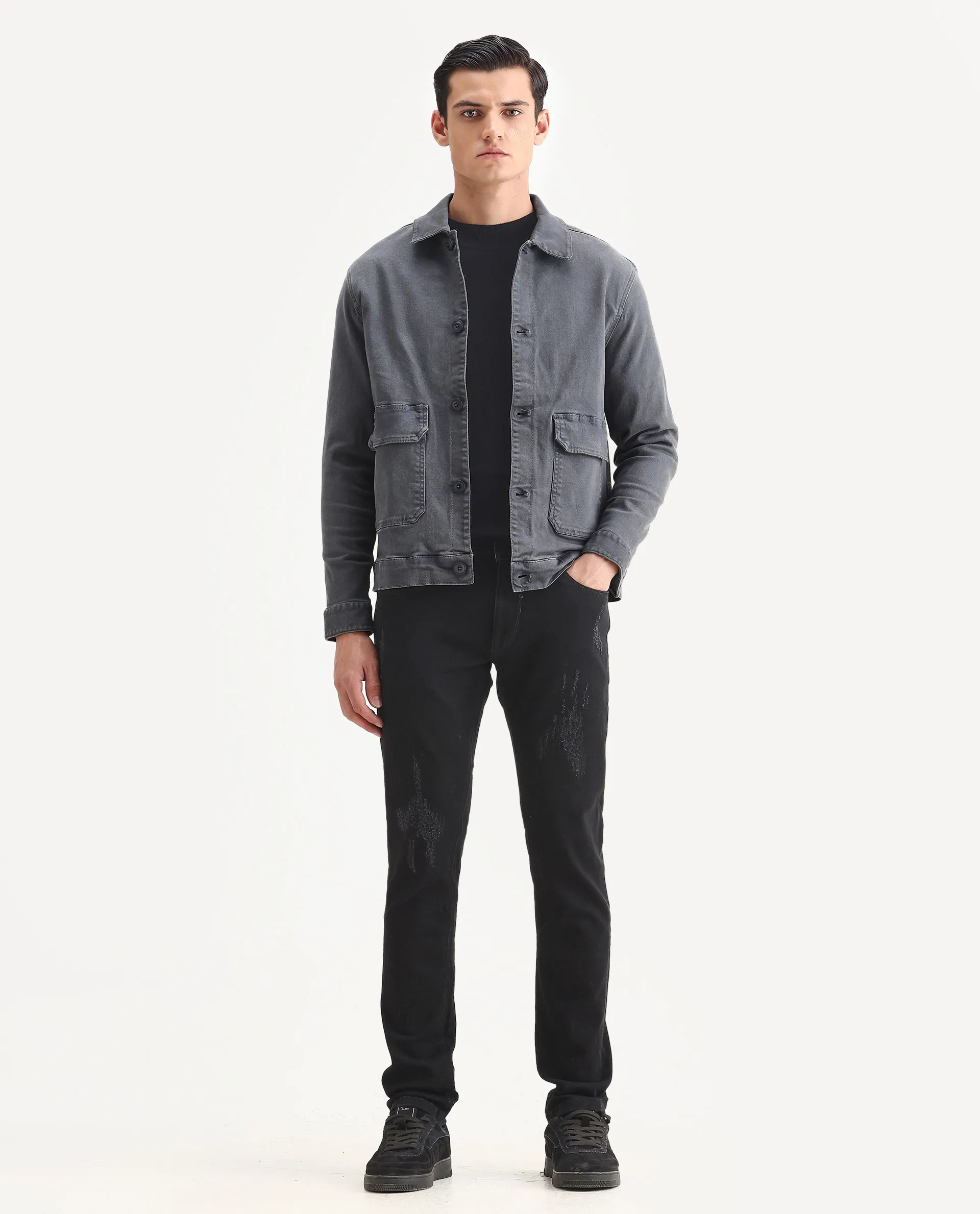 Rare Rabbit Men's Astral Black Cotton Plain Hawk Slim Fit Jeans