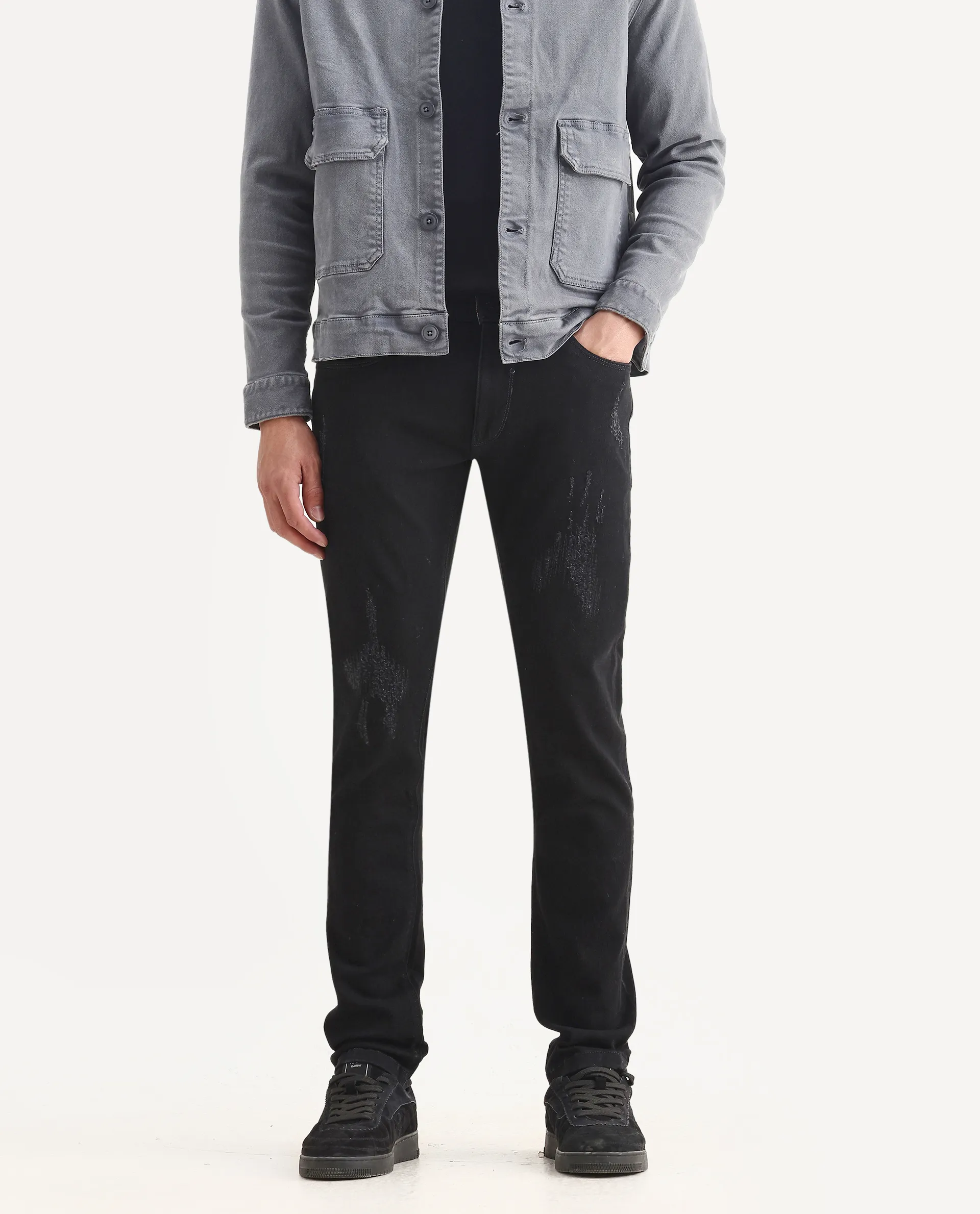 Rare Rabbit Men's Astral Black Cotton Plain Hawk Slim Fit Jeans - Image 2