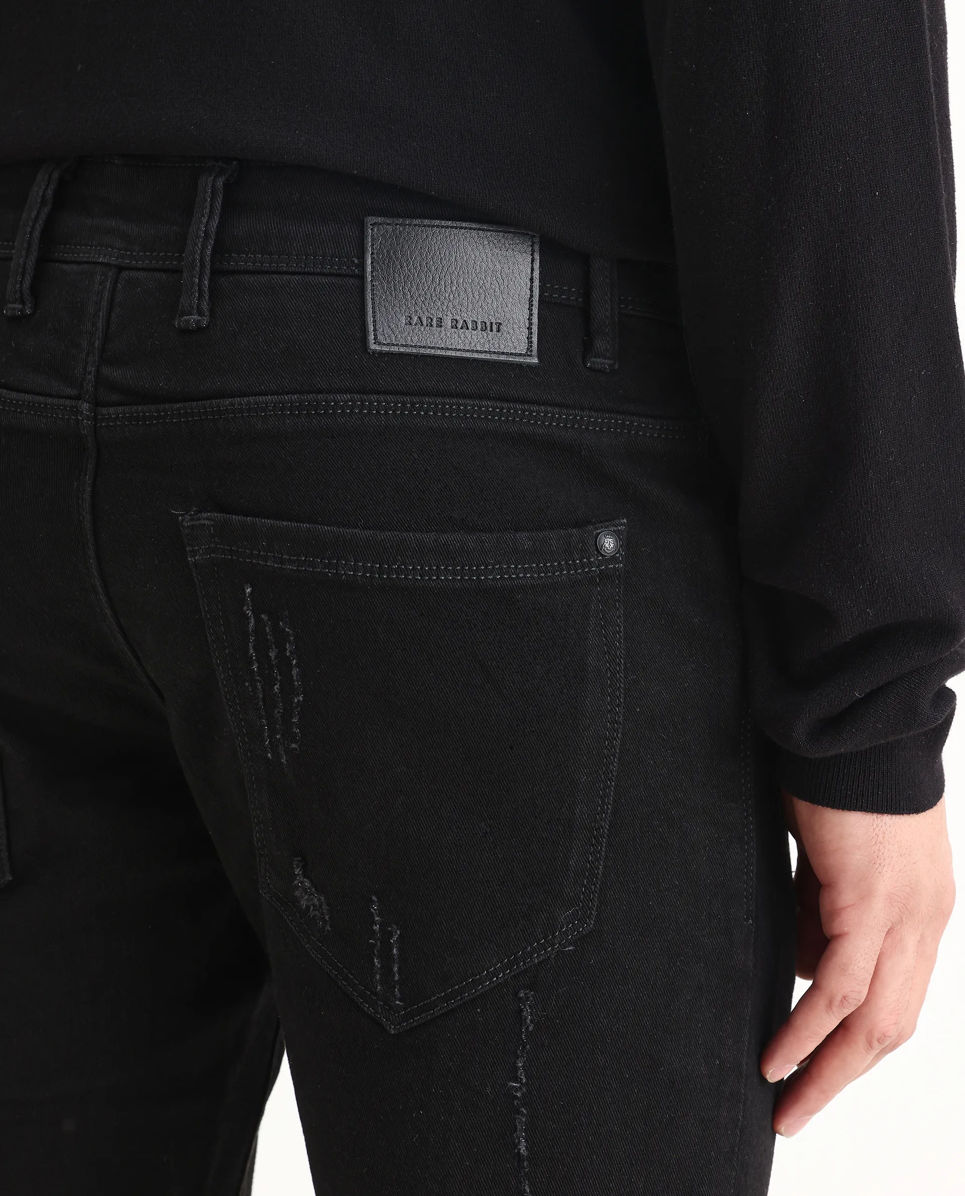 Rare Rabbit Men's Astral Black Cotton Plain Hawk Slim Fit Jeans - Image 5