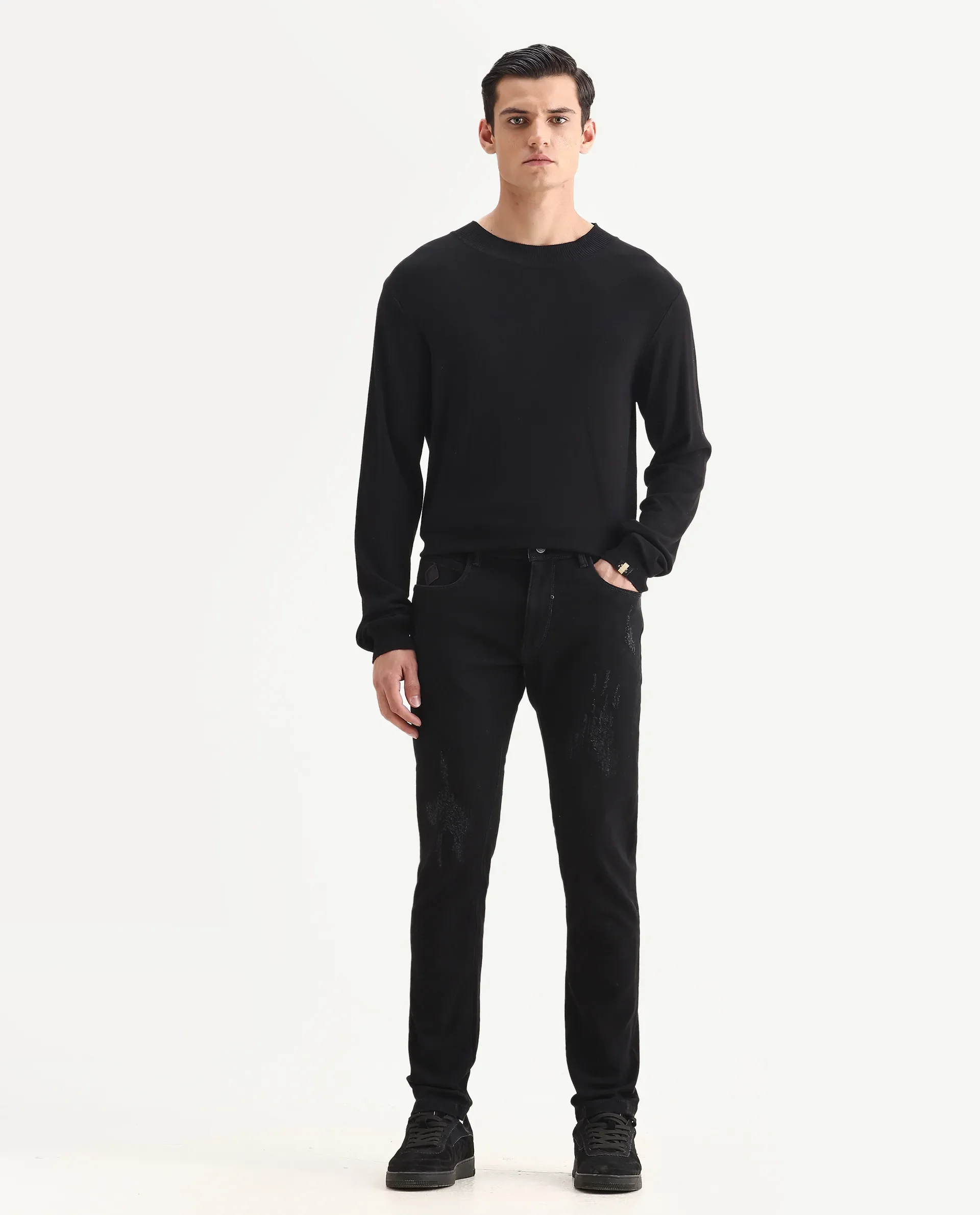 Rare Rabbit Men's Astral Black Cotton Plain Hawk Slim Fit Jeans - Image 6