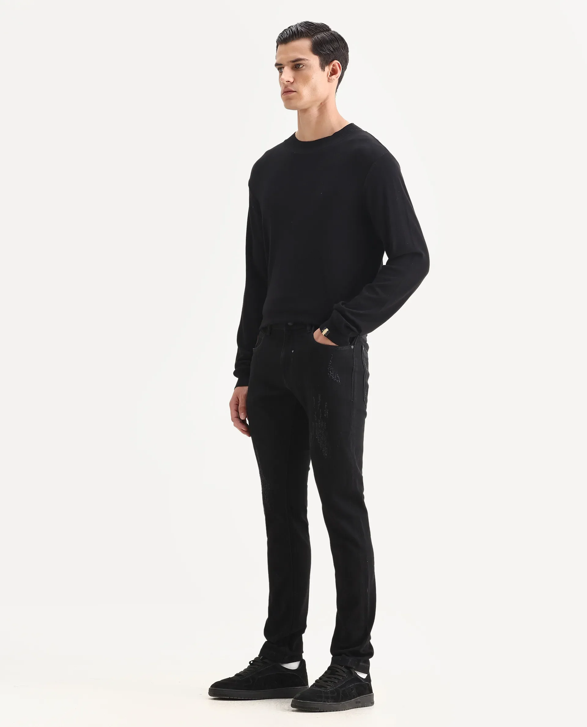 Rare Rabbit Men's Astral Black Cotton Plain Hawk Slim Fit Jeans - Image 7