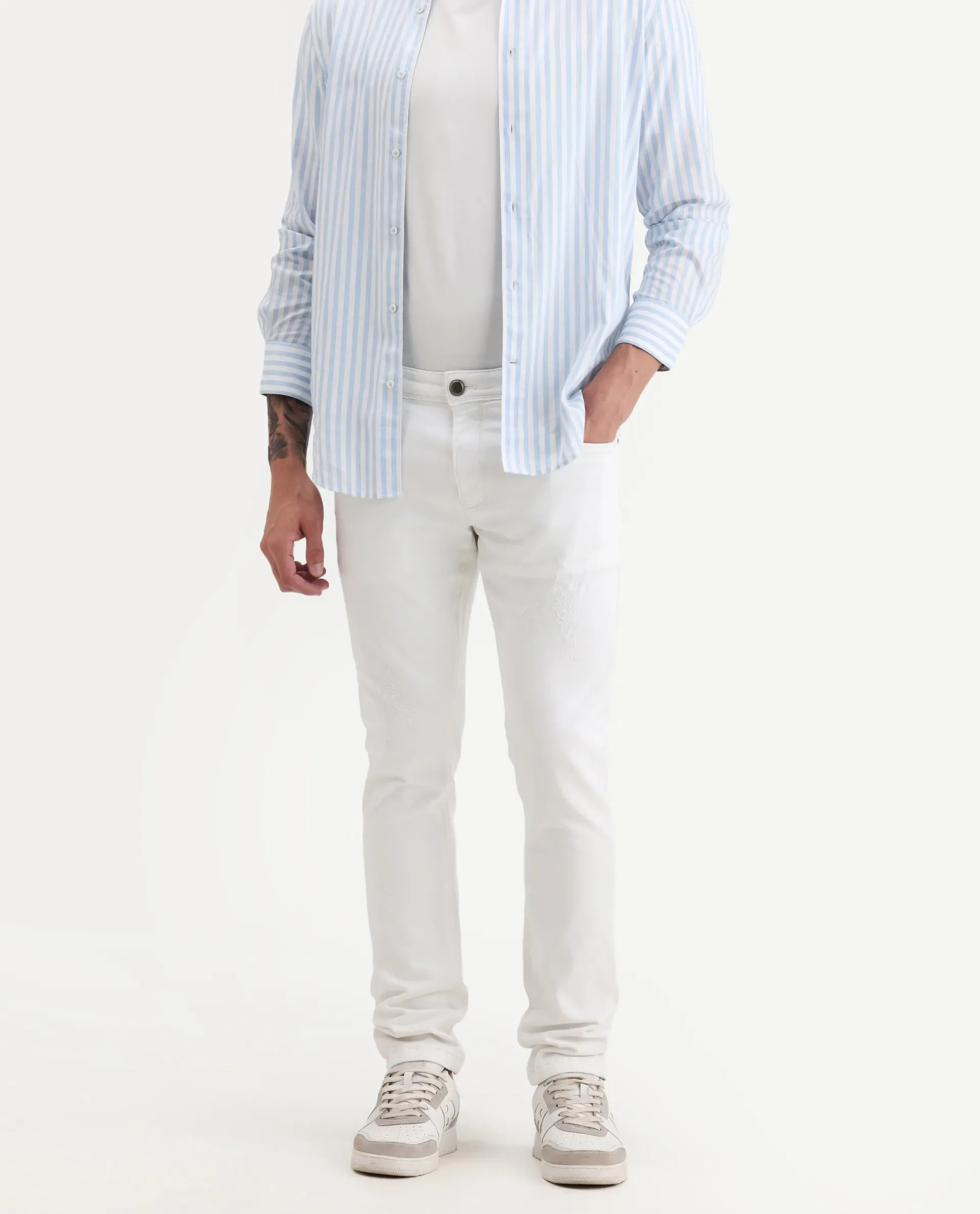 Rare Rabbit Men's Astred White Cotton Plain Hawk Slim Fit Jeans - Image 2