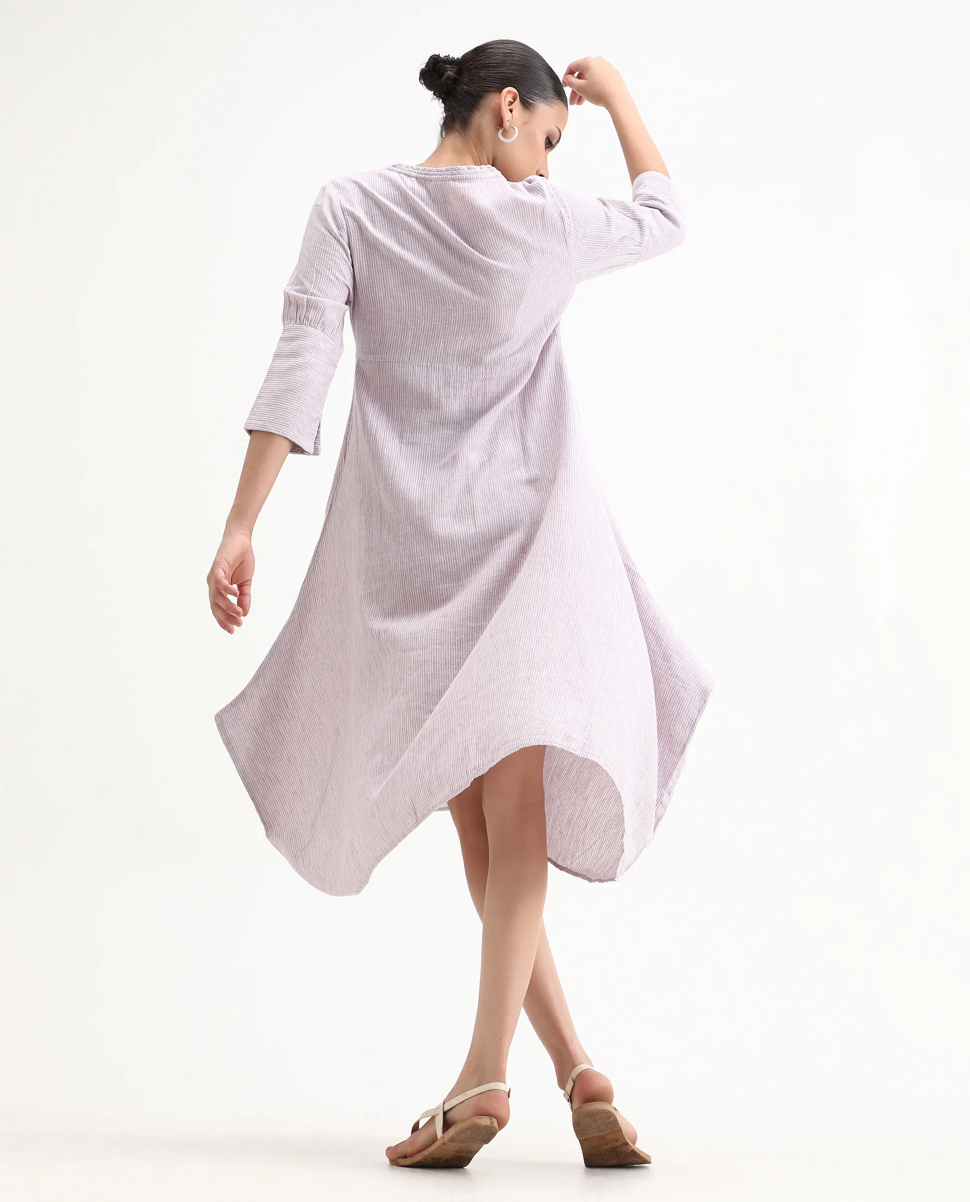Rareism Women's Astrid Purple Linen V-Neck Striped Knee Length Regular Fit Dress - Image 2