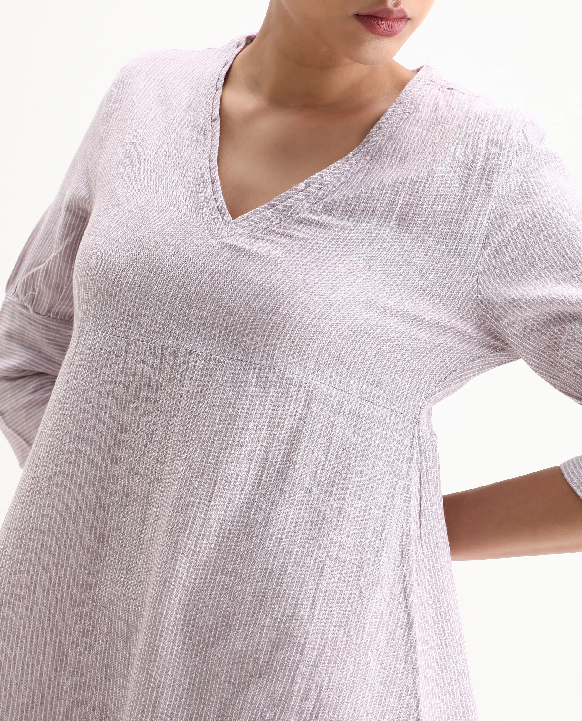 Rareism Women's Astrid Purple Linen V-Neck Striped Knee Length Regular Fit Dress - Image 3