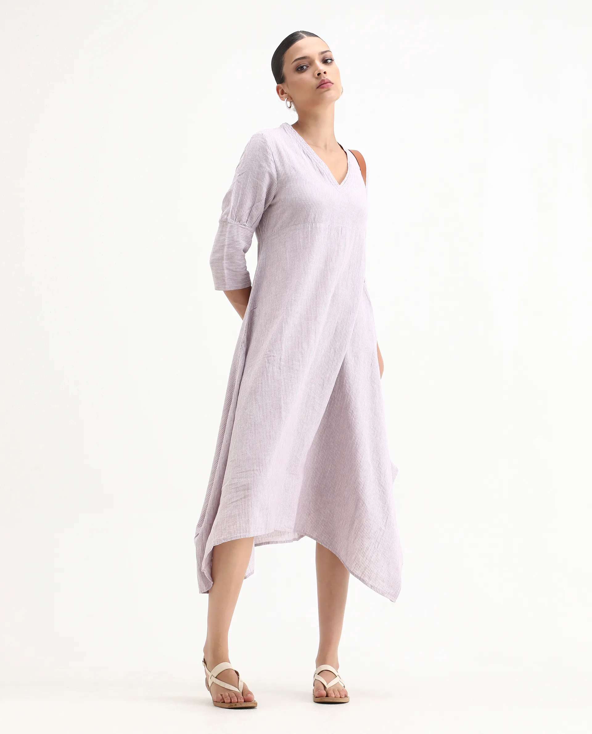 Rareism Women's Astrid Purple Linen V-Neck Striped Knee Length Regular Fit Dress - Image 4