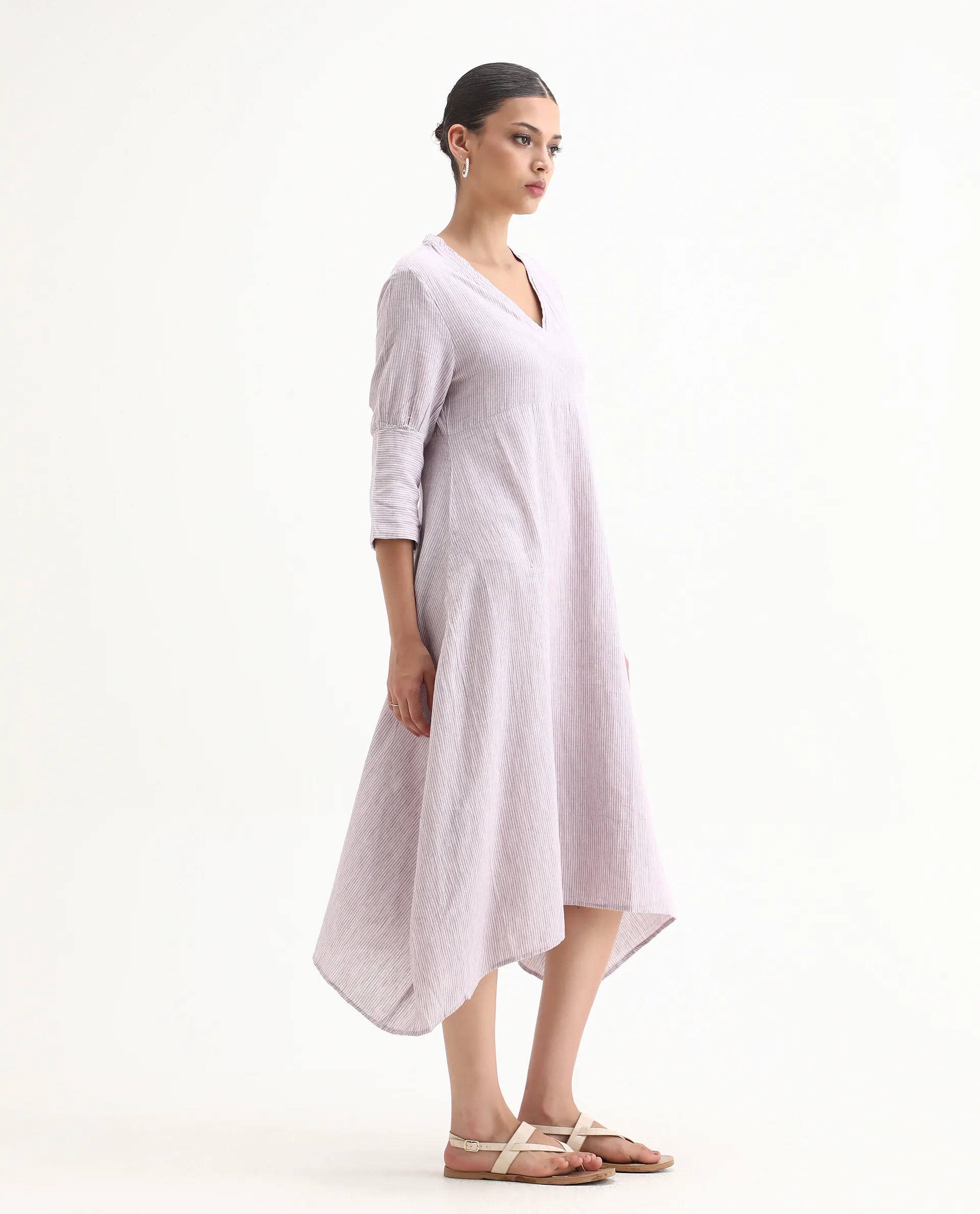 Rareism Women's Astrid Purple Linen V-Neck Striped Knee Length Regular Fit Dress - Image 5