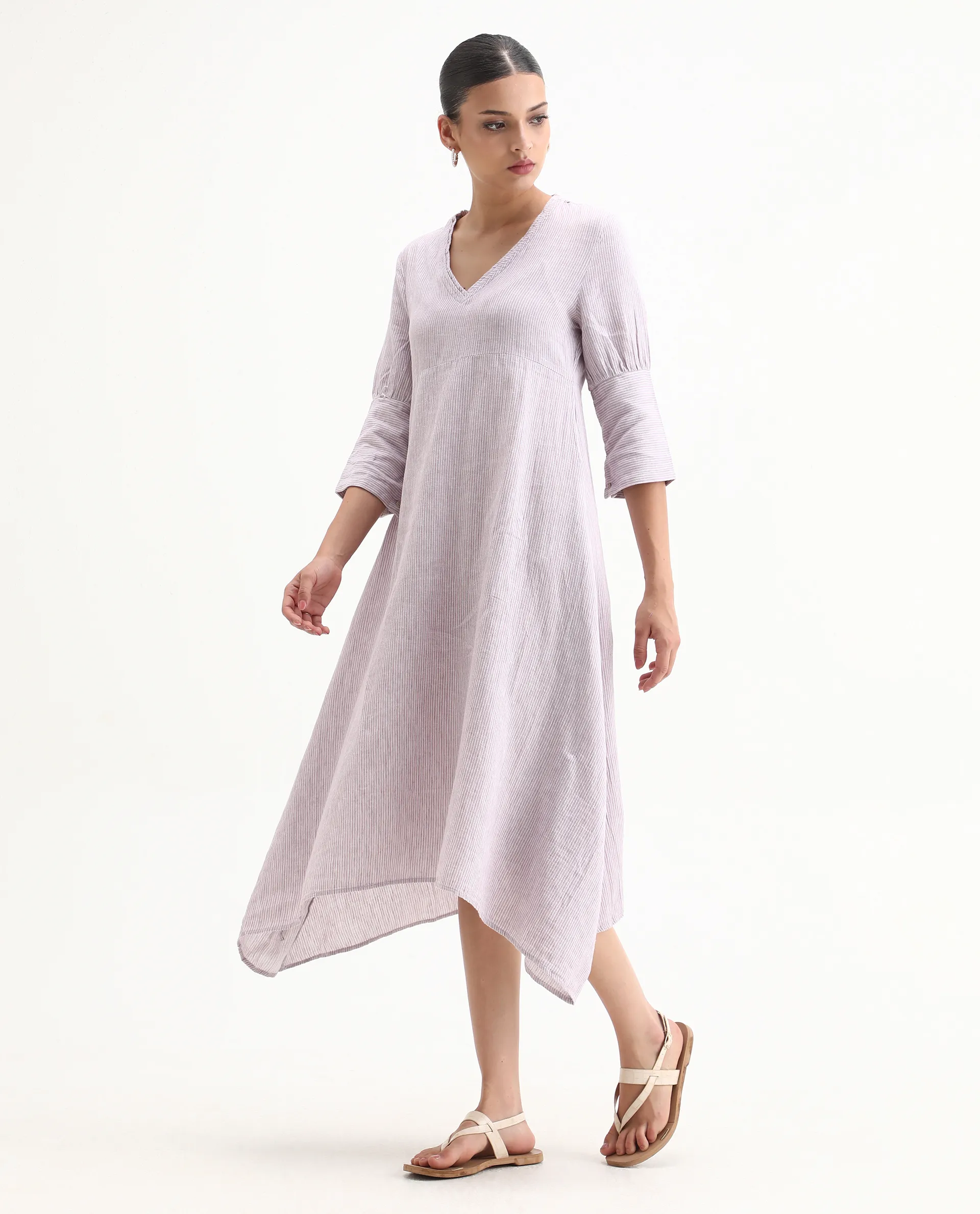 Rareism Women's Astrid Purple Linen V-Neck Striped Knee Length Regular Fit Dress - Image 6