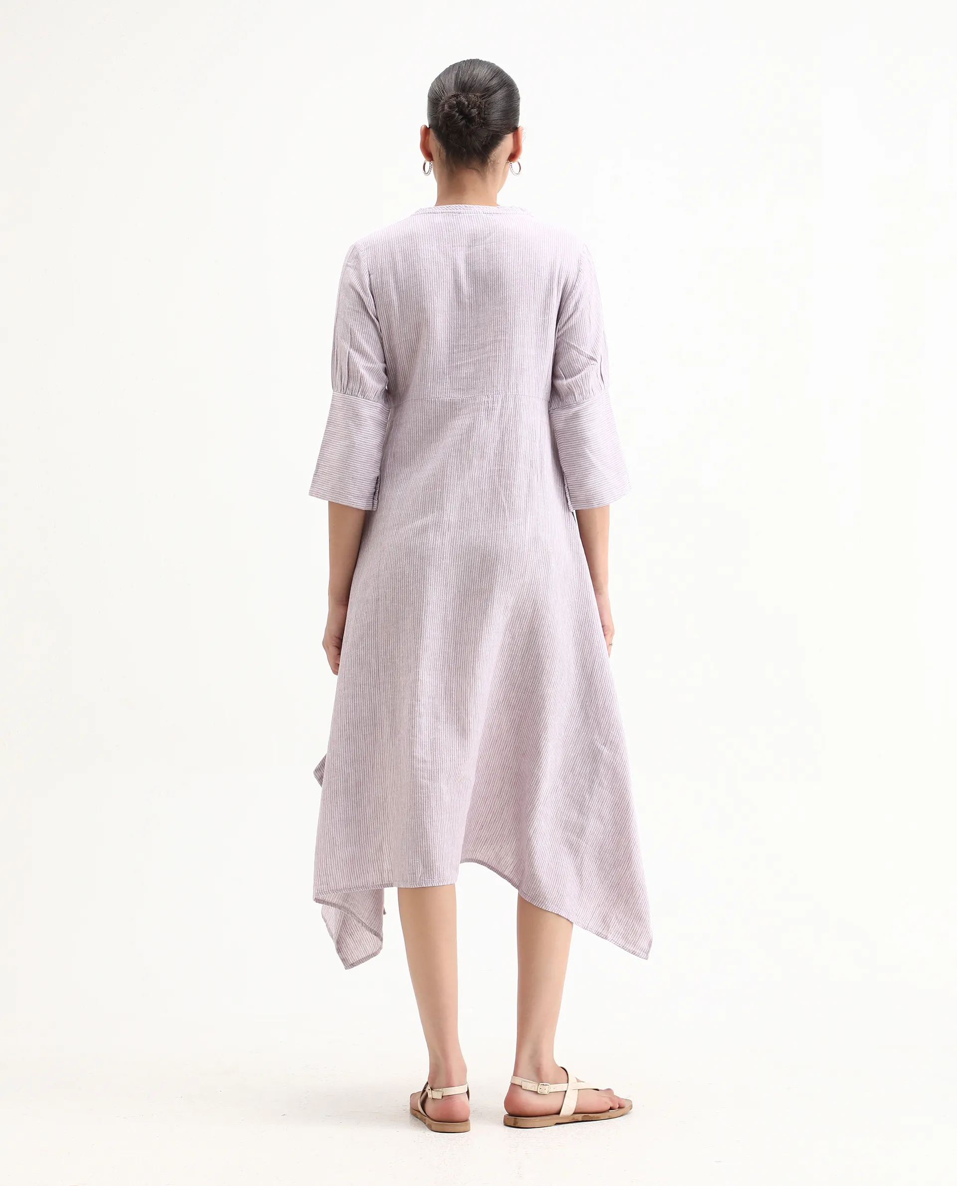 Rareism Women's Astrid Purple Linen V-Neck Striped Knee Length Regular Fit Dress - Image 7