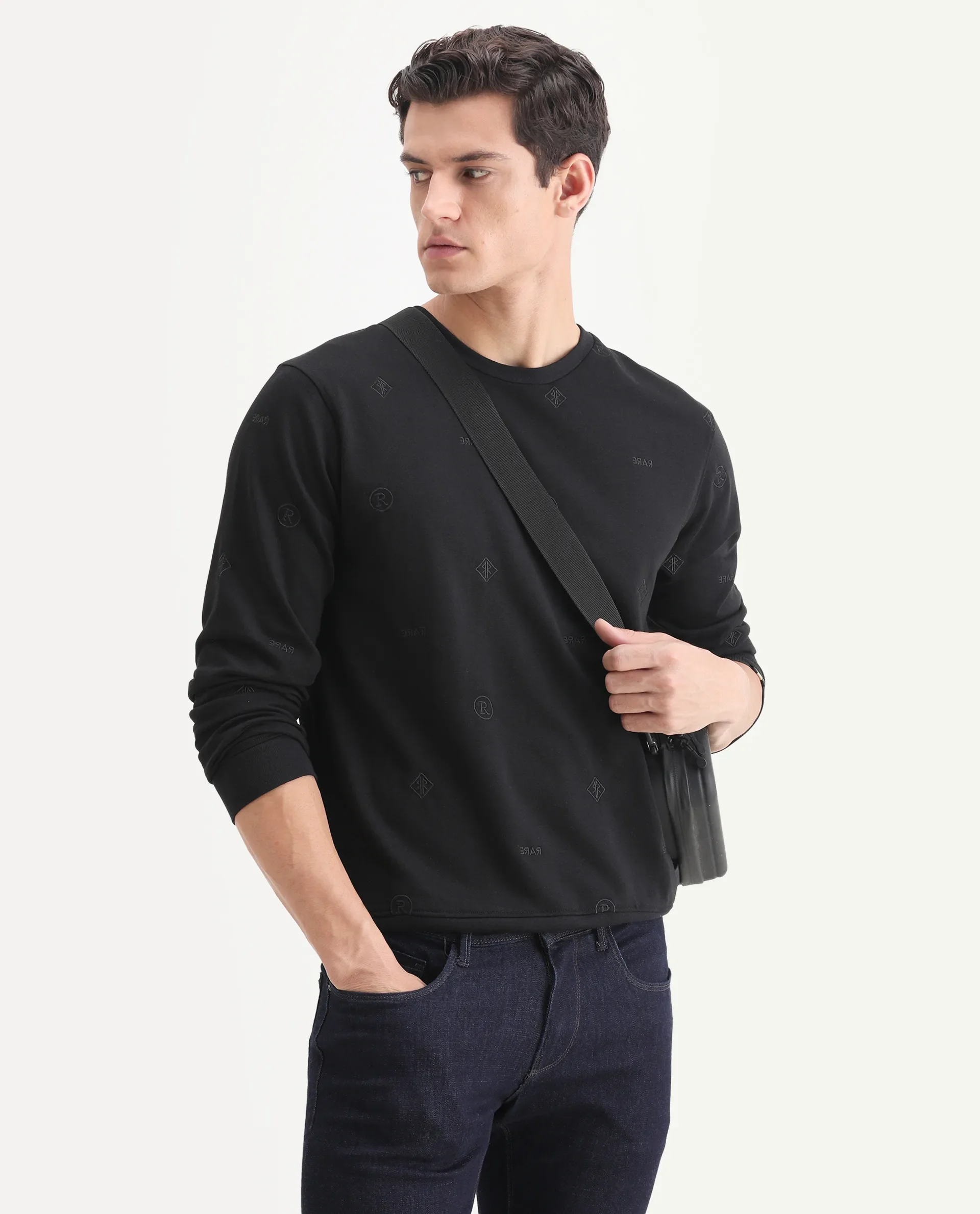 Rare Rabbit Men's Astrix Black Cotton Embroidered Regular Fit Full Sleeve Crew Neck Sweatshirt