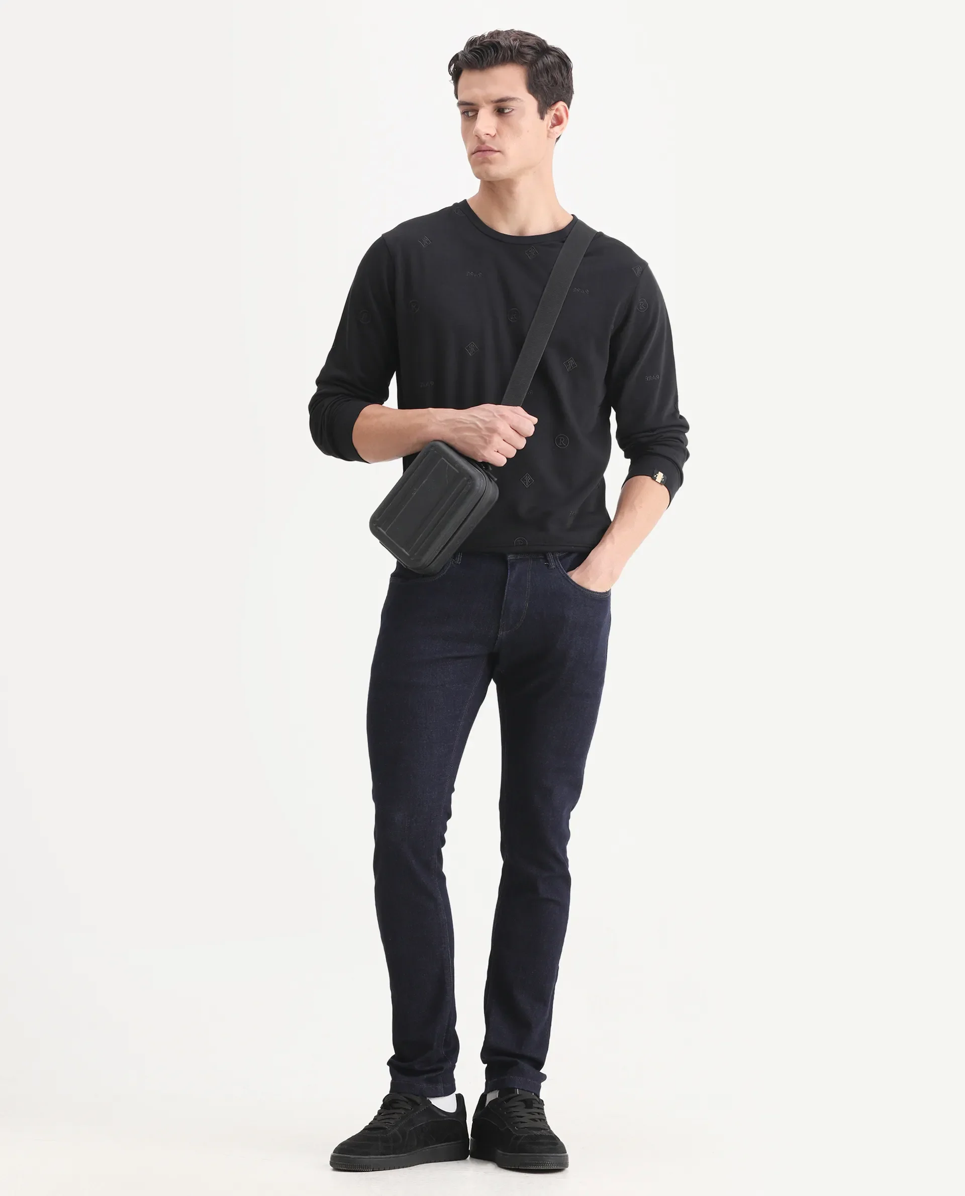 Rare Rabbit Men's Astrix Black Cotton Embroidered Regular Fit Full Sleeve Crew Neck Sweatshirt - Image 2