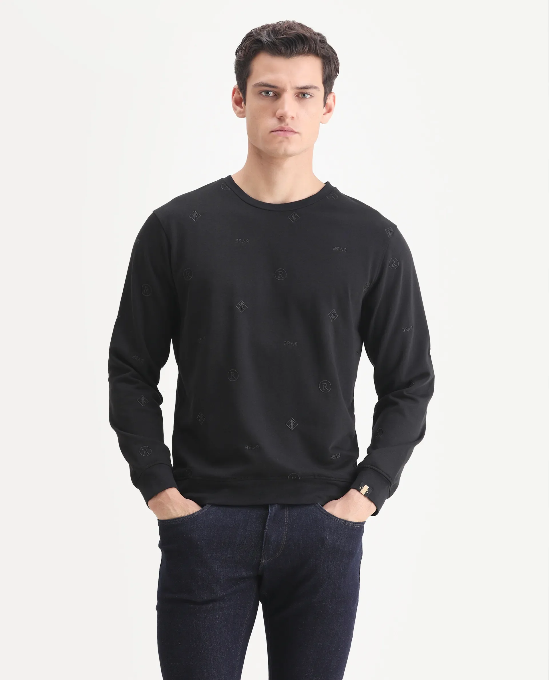 Rare Rabbit Men's Astrix Black Cotton Embroidered Regular Fit Full Sleeve Crew Neck Sweatshirt - Image 4