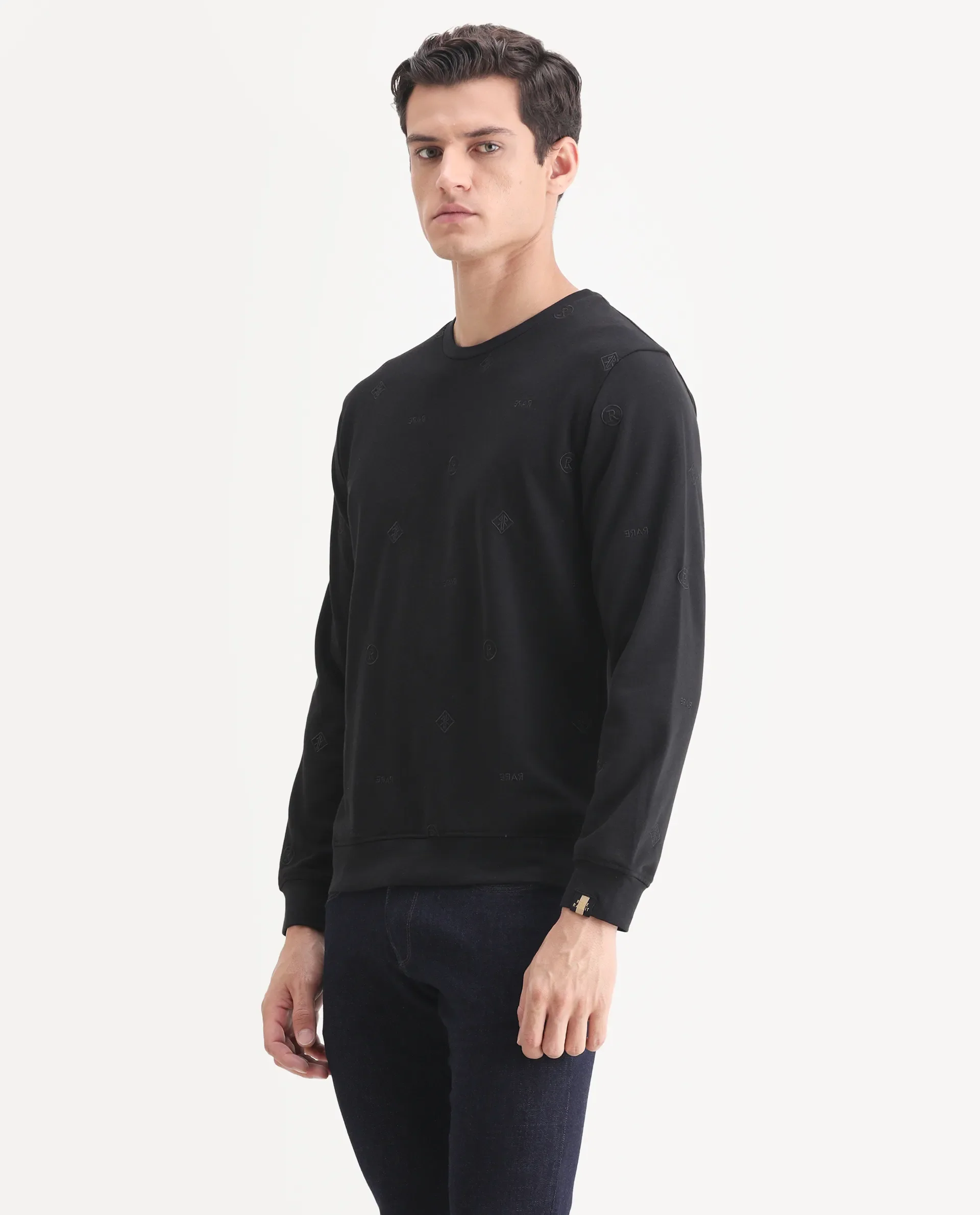 Rare Rabbit Men's Astrix Black Cotton Embroidered Regular Fit Full Sleeve Crew Neck Sweatshirt - Image 5